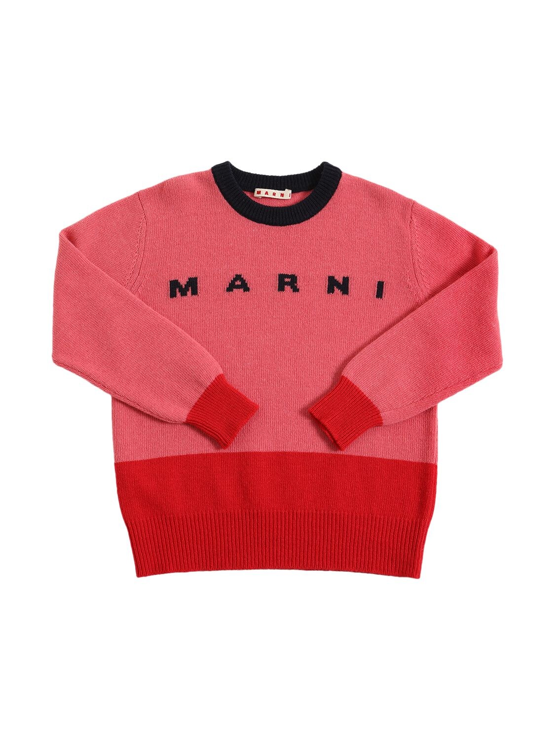 Marni Junior Kids' Color Block Wool Blend Sweater W/logo In Pink,red