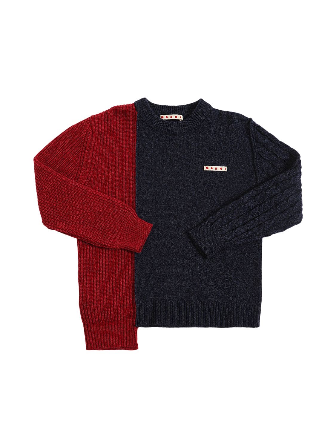 Marni Junior Kids' Color Block Wool Blend Sweater W/logo In Navy,red
