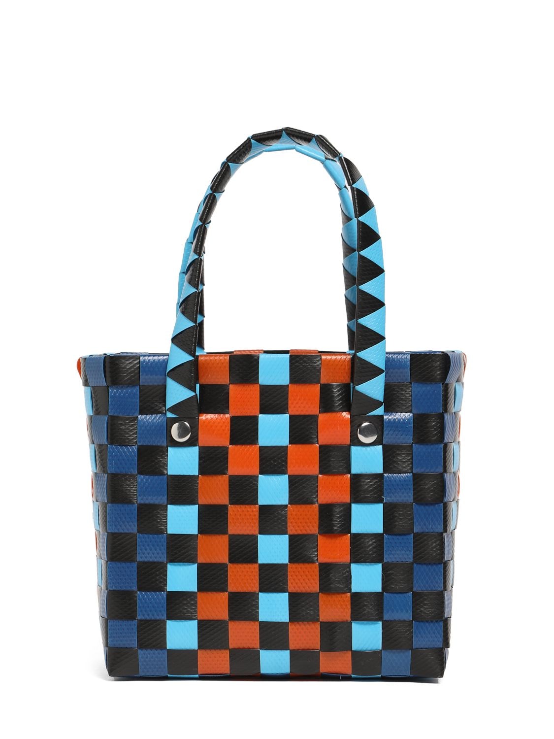 Shop Marni Junior Color Block Woven Basket Bag W/ Logo In 멀티컬러