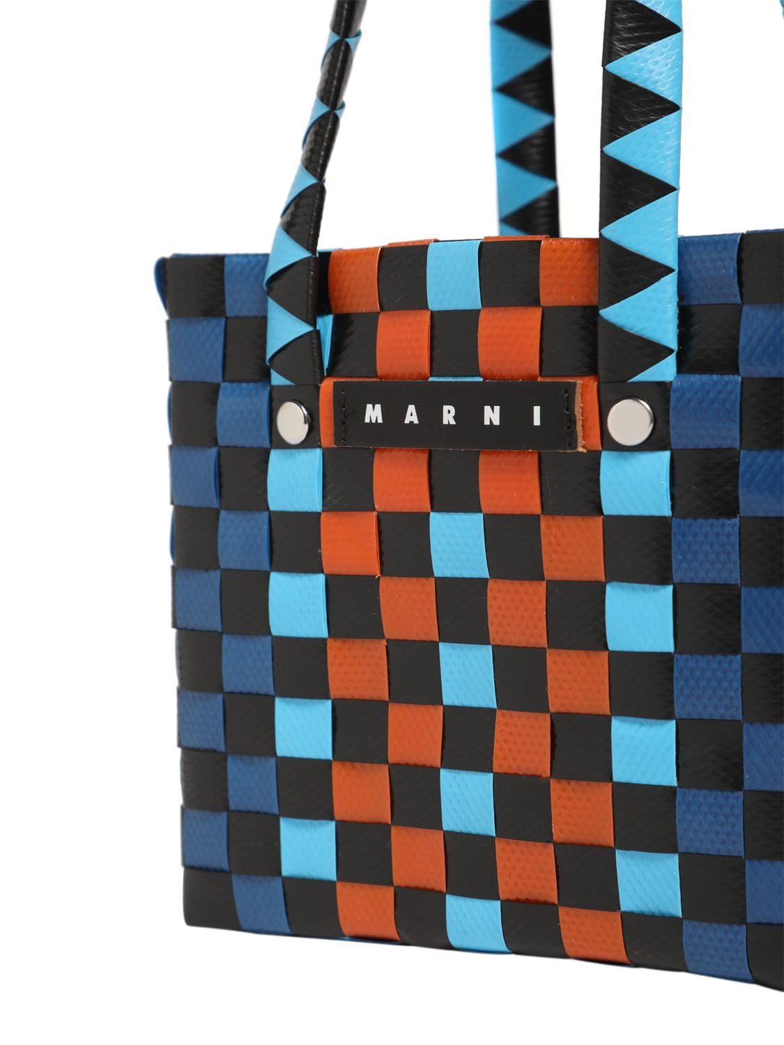 Shop Marni Junior Color Block Woven Basket Bag W/ Logo In 멀티컬러