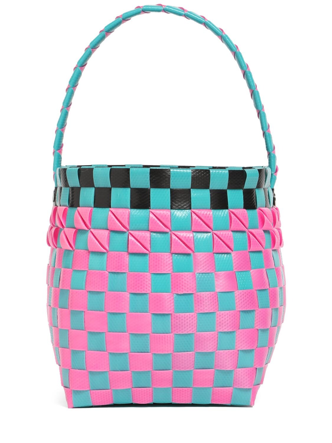 Shop Marni Junior Color Block Woven Bucket Bag W/ Logo In Multicolor
