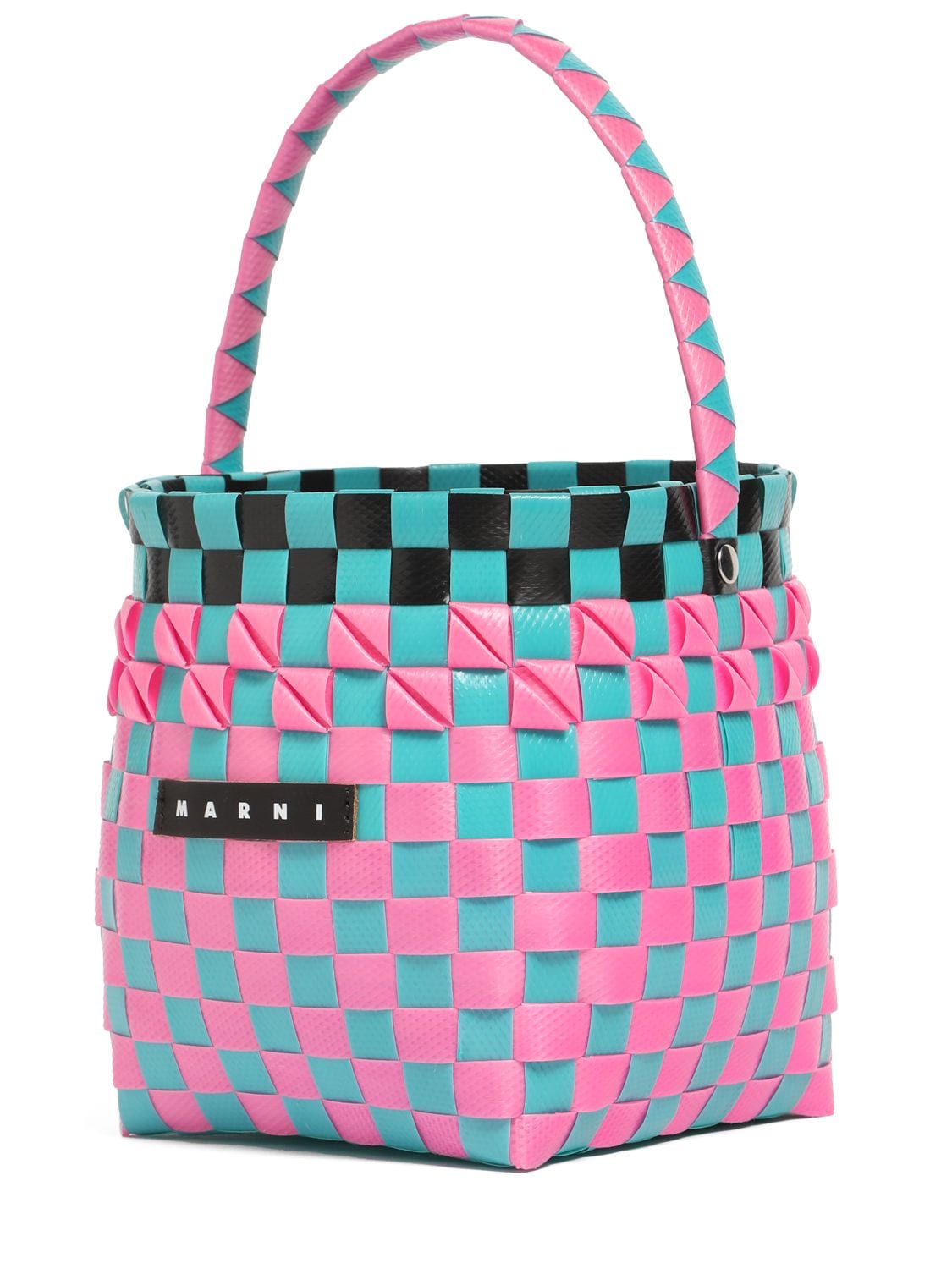 Shop Marni Junior Color Block Woven Bucket Bag W/ Logo In Multicolor