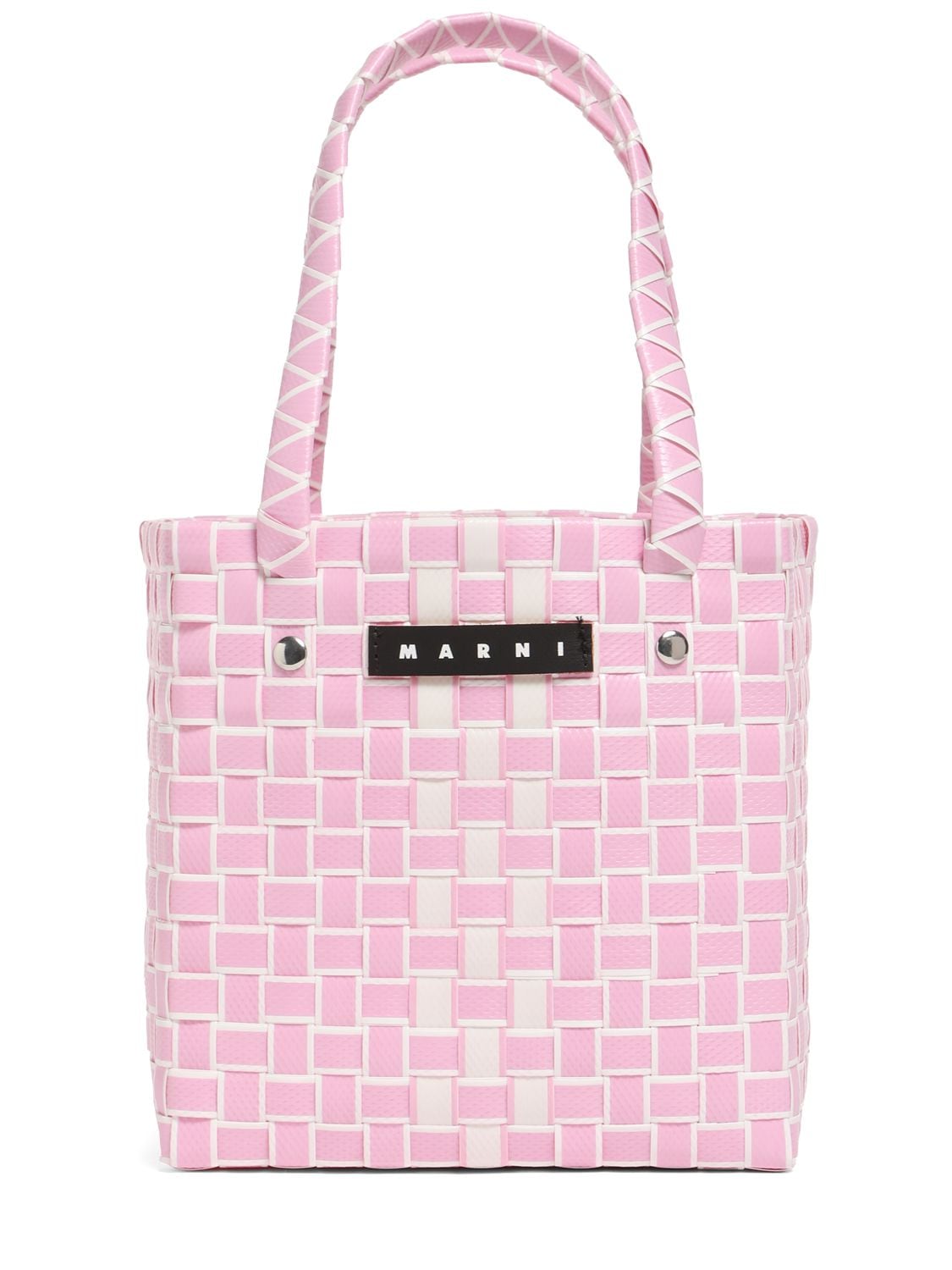 Marni Junior Two Tone Logo Patch Check Woven Handbag In Pink,white