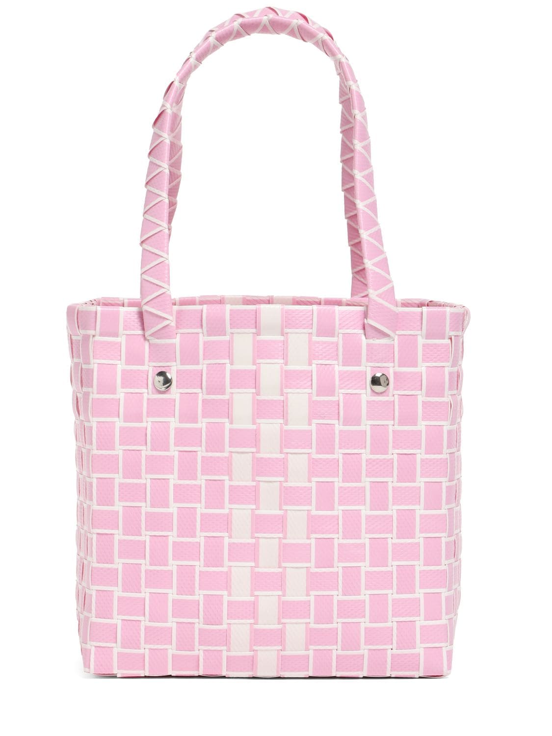 Shop Marni Junior Two Tone Logo Patch Check Woven Handbag In Pink,white