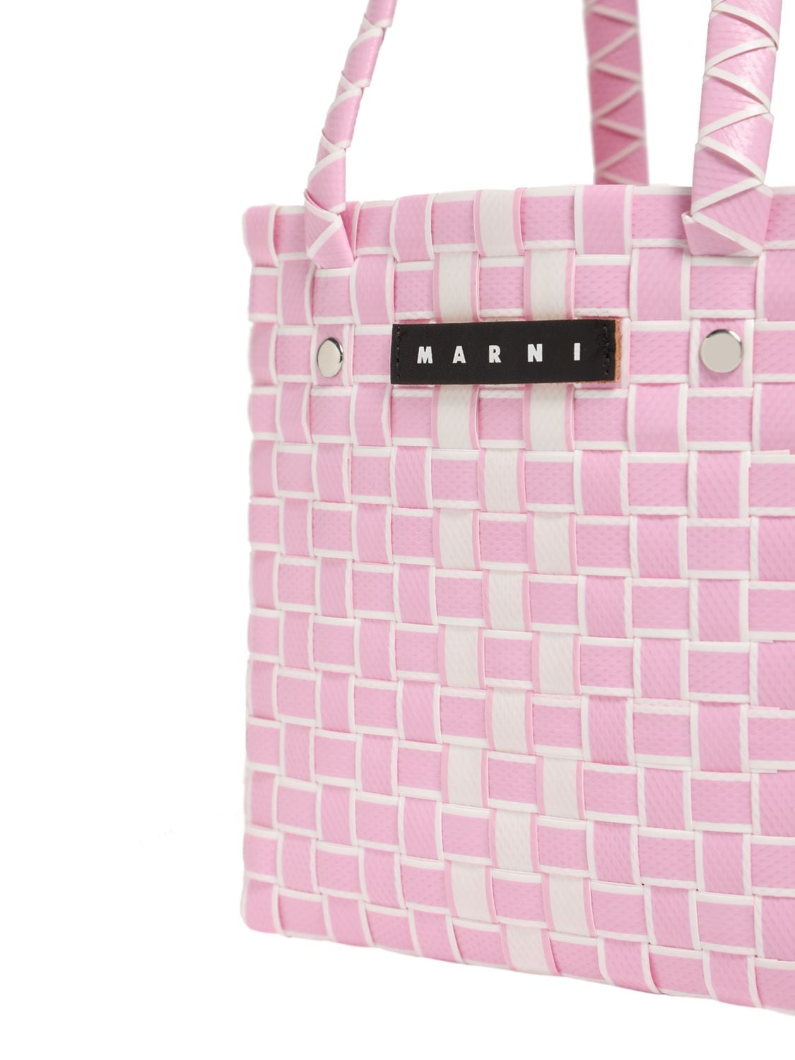 Shop Marni Junior Two Tone Logo Patch Check Woven Handbag In Pink,white