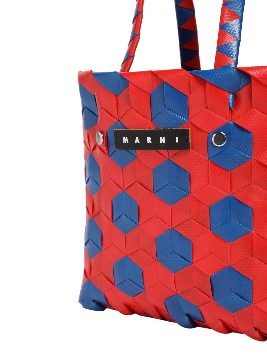 Shop Marni Junior Color Block Woven Basket Bag W/ Logo In Red,blue