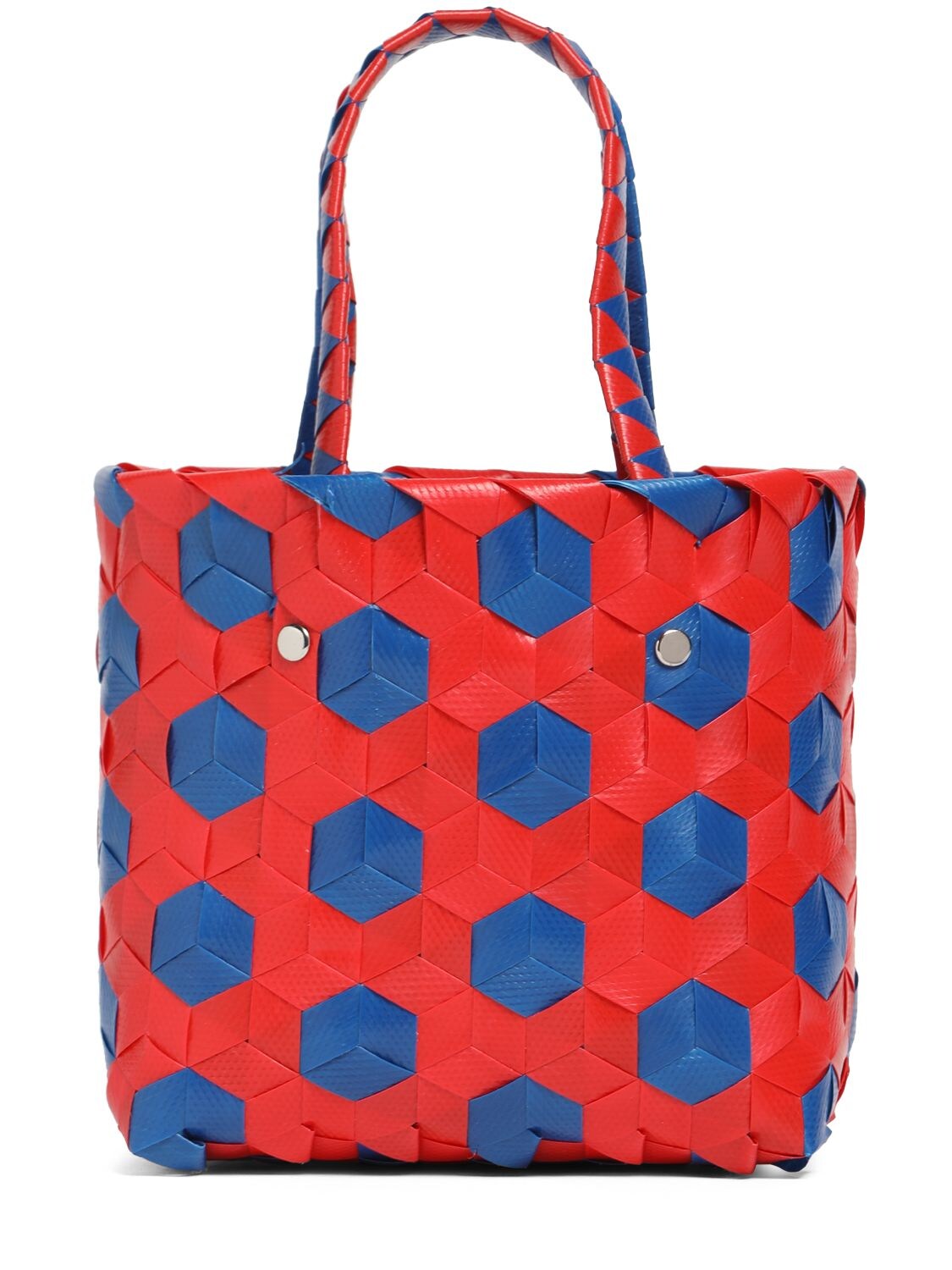 Shop Marni Junior Color Block Woven Basket Bag W/ Logo In Red,blue