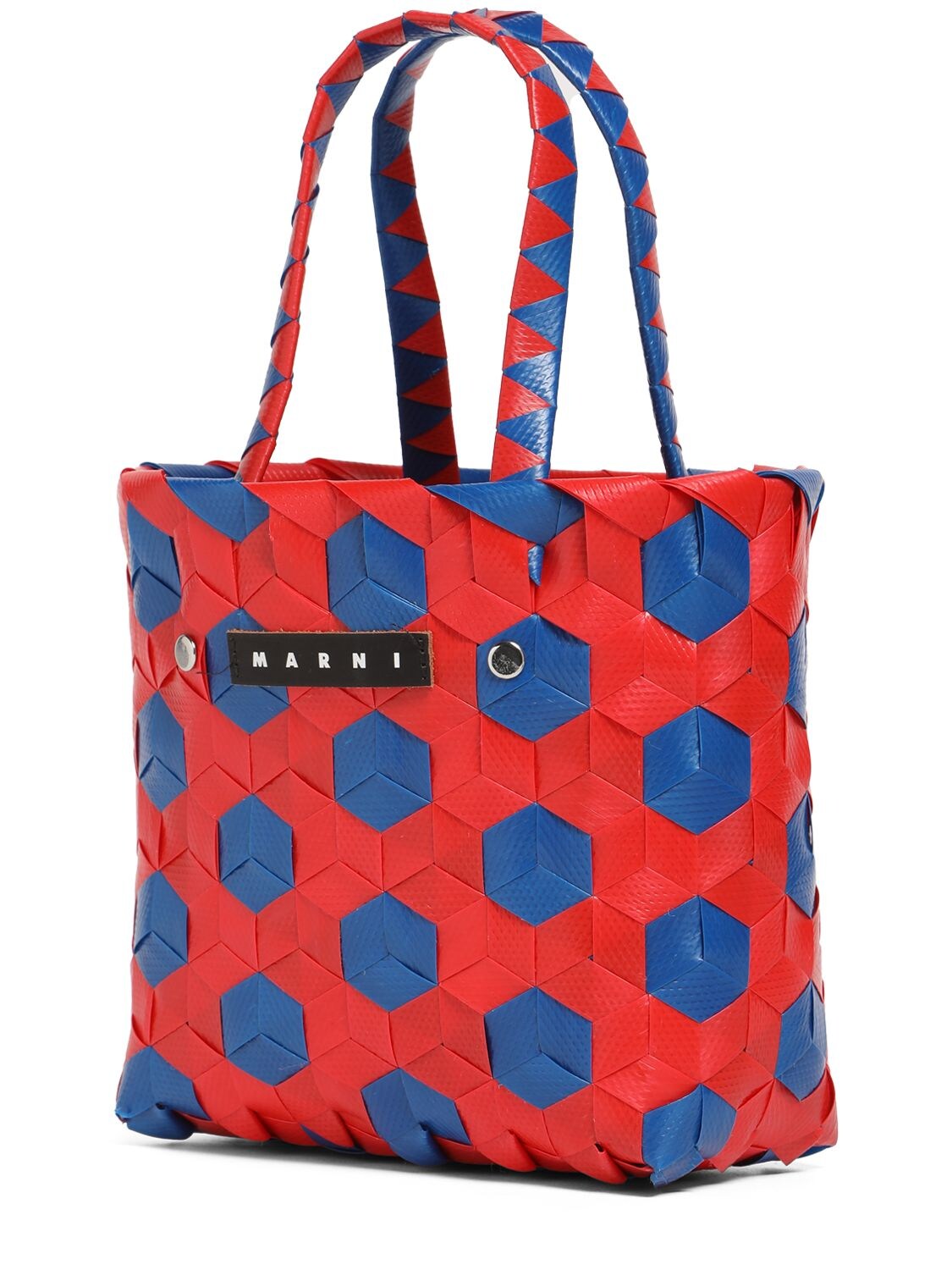 Shop Marni Junior Color Block Woven Basket Bag W/ Logo In Red,blue