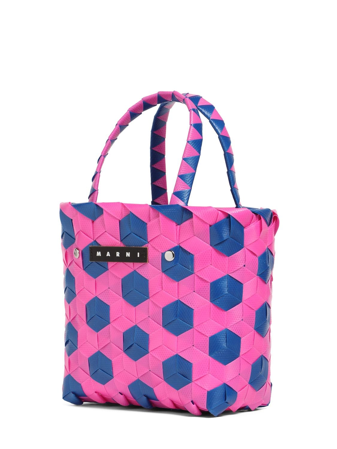 Shop Marni Junior Color Block Woven Basket Bag W/ Logo In 자홍색,블루