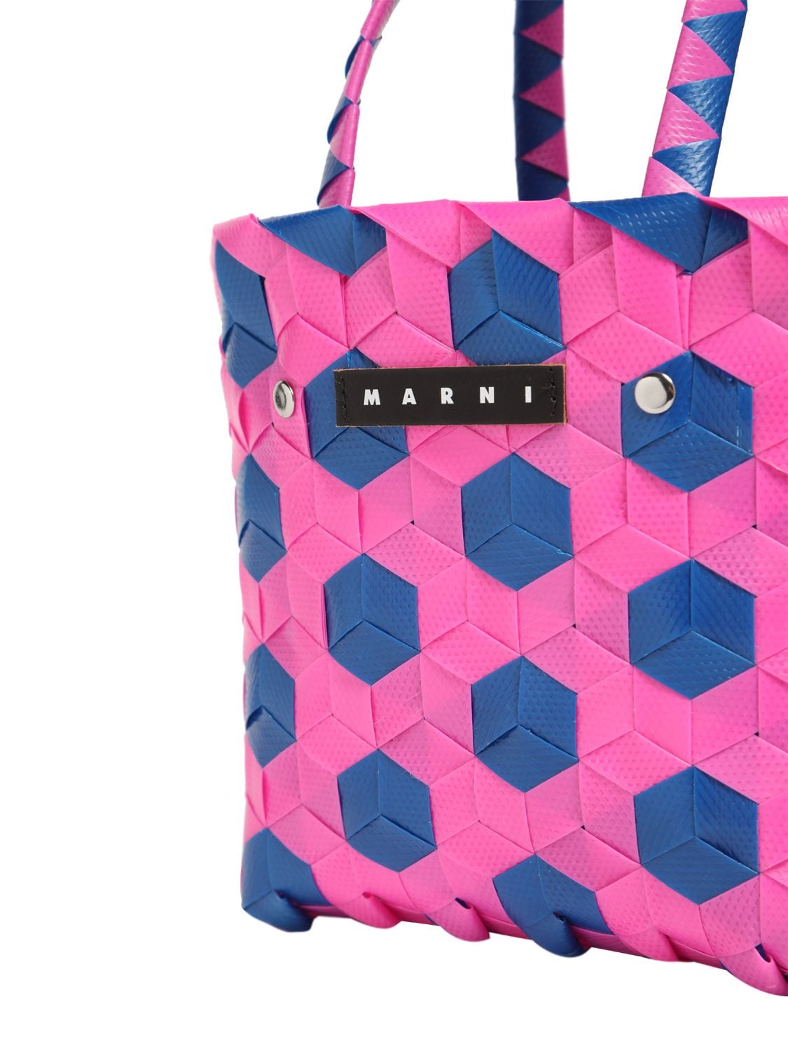 Shop Marni Junior Color Block Woven Basket Bag W/ Logo In 자홍색,블루
