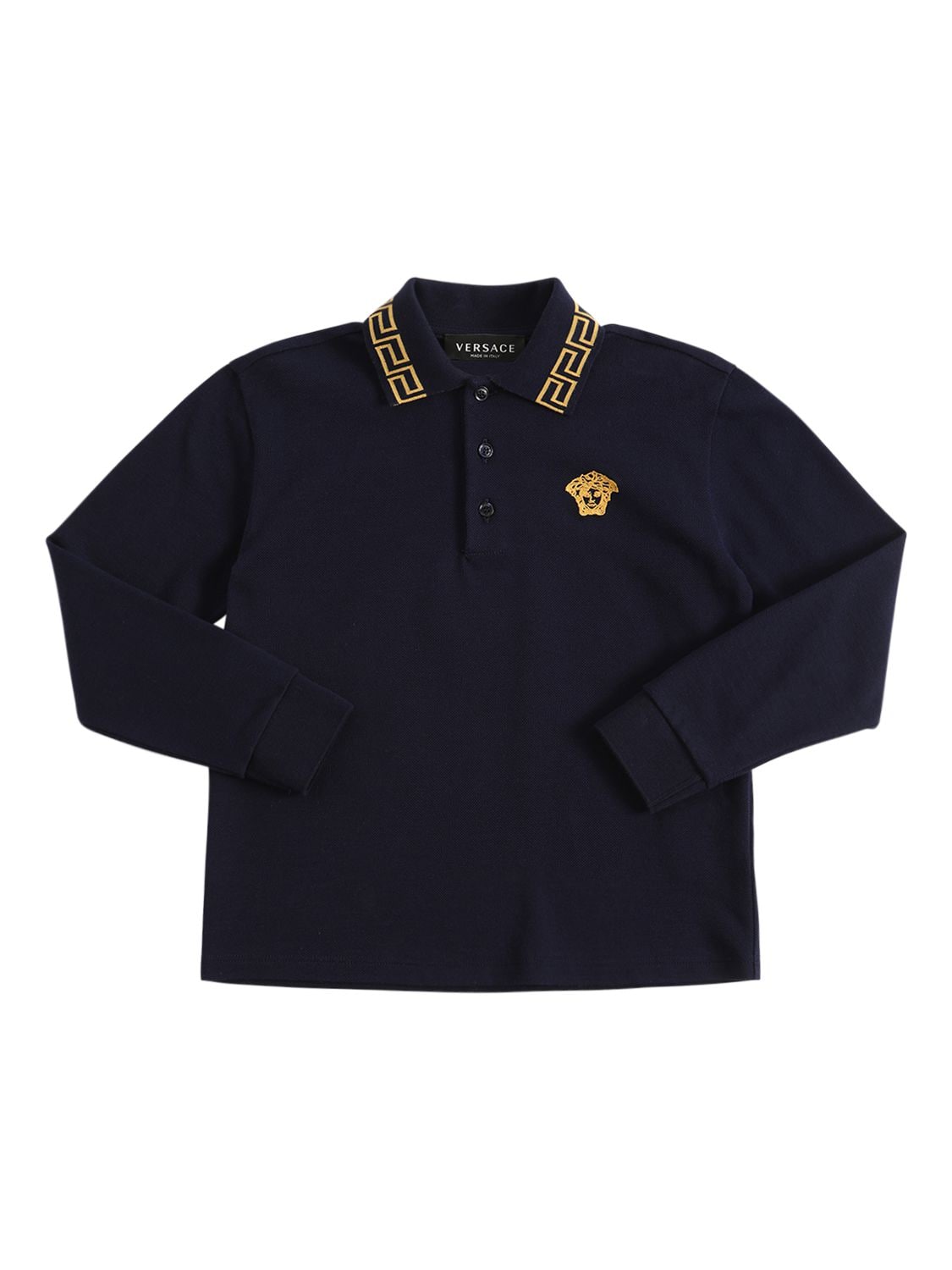 Versace Kids' Logo Cotton Piquet Polo Shirt In Navy