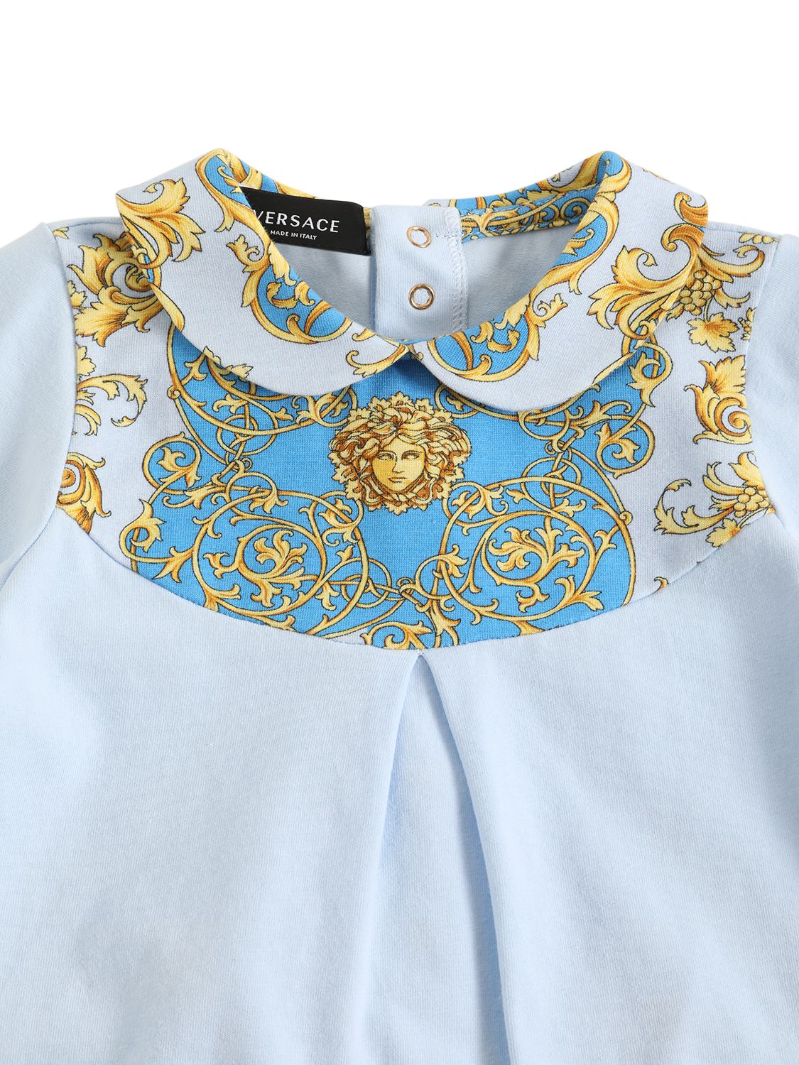 Shop Versace Barocco Print Cotton Jersey Romper & Hat In Light Blue