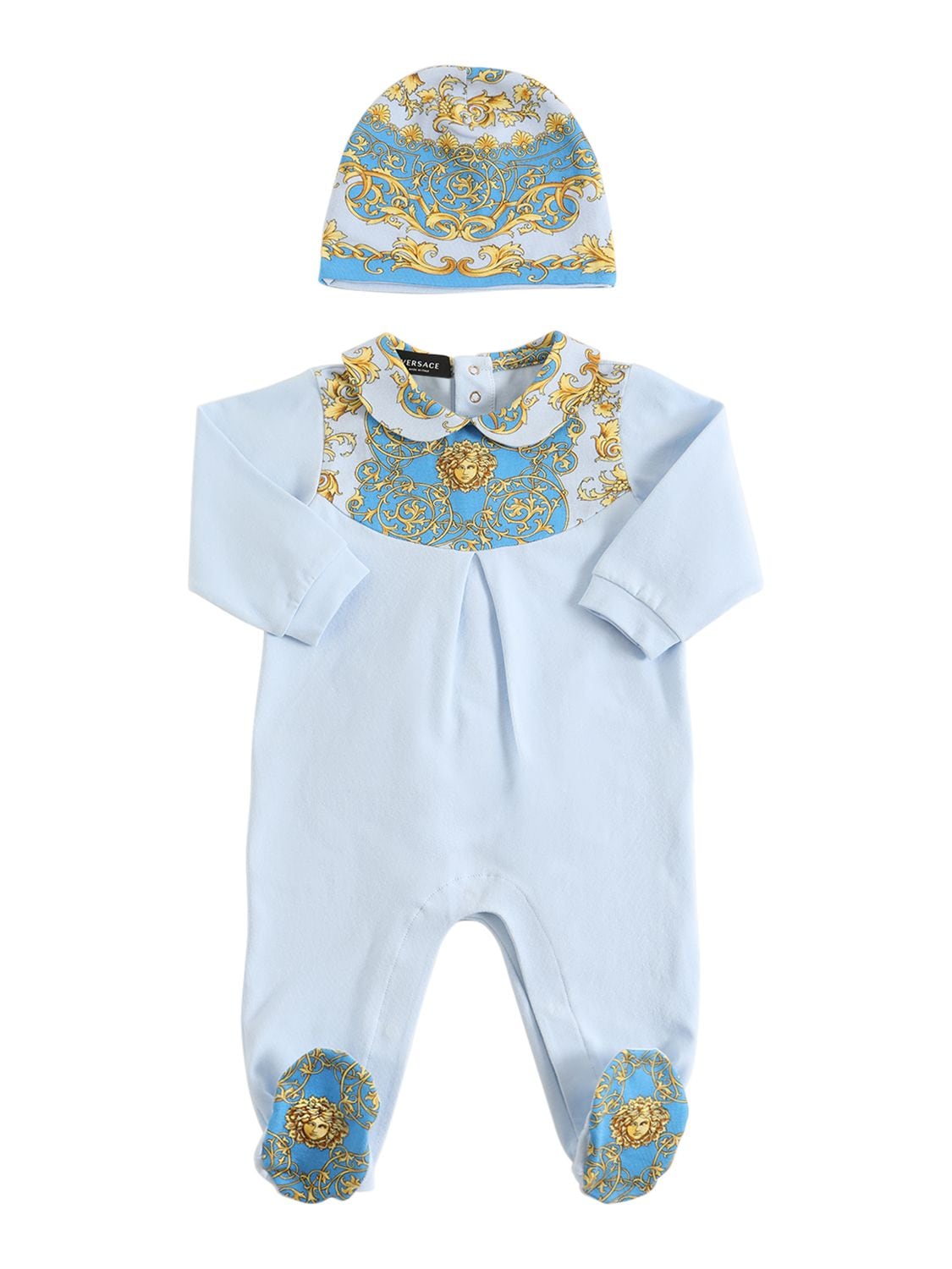 Versace Babies' Barocco Print Cotton Jersey Romper & Hat In Light Blue