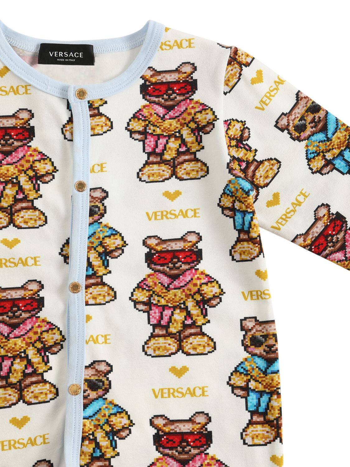 Shop Versace Pixel Teddy Print Cotton Romper & Bib In White,multi