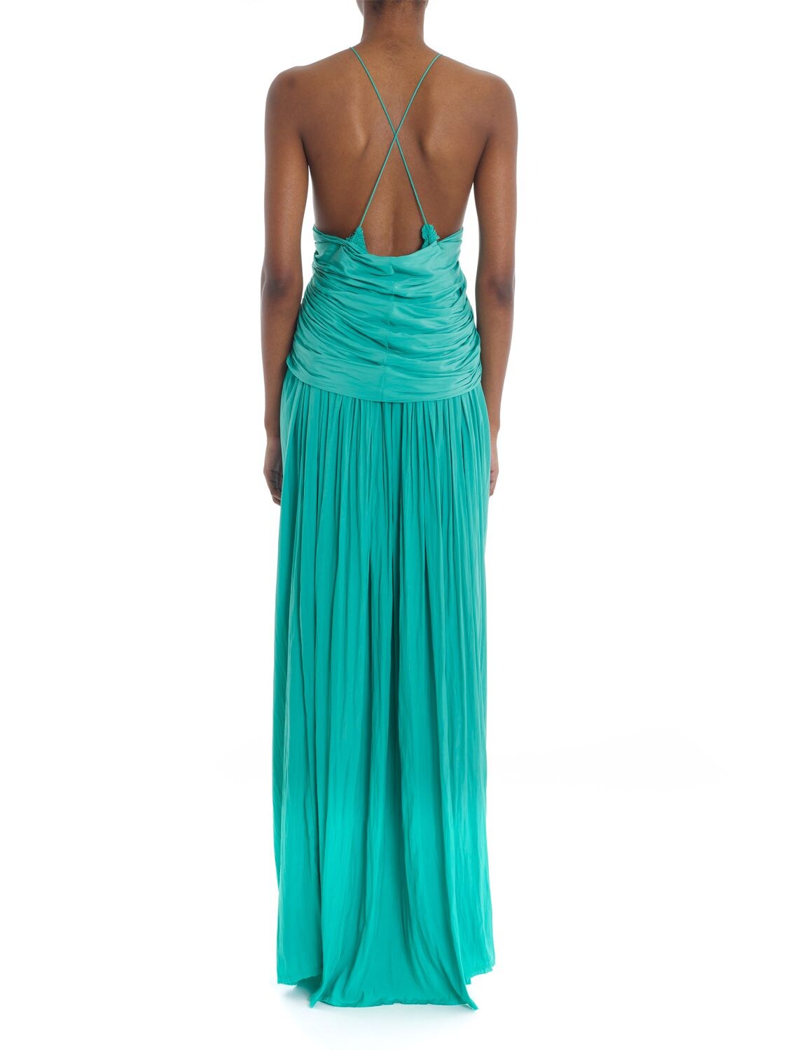 Shop Lanvin Cross-back Strap Charmeuse Long Dress In Light Blue