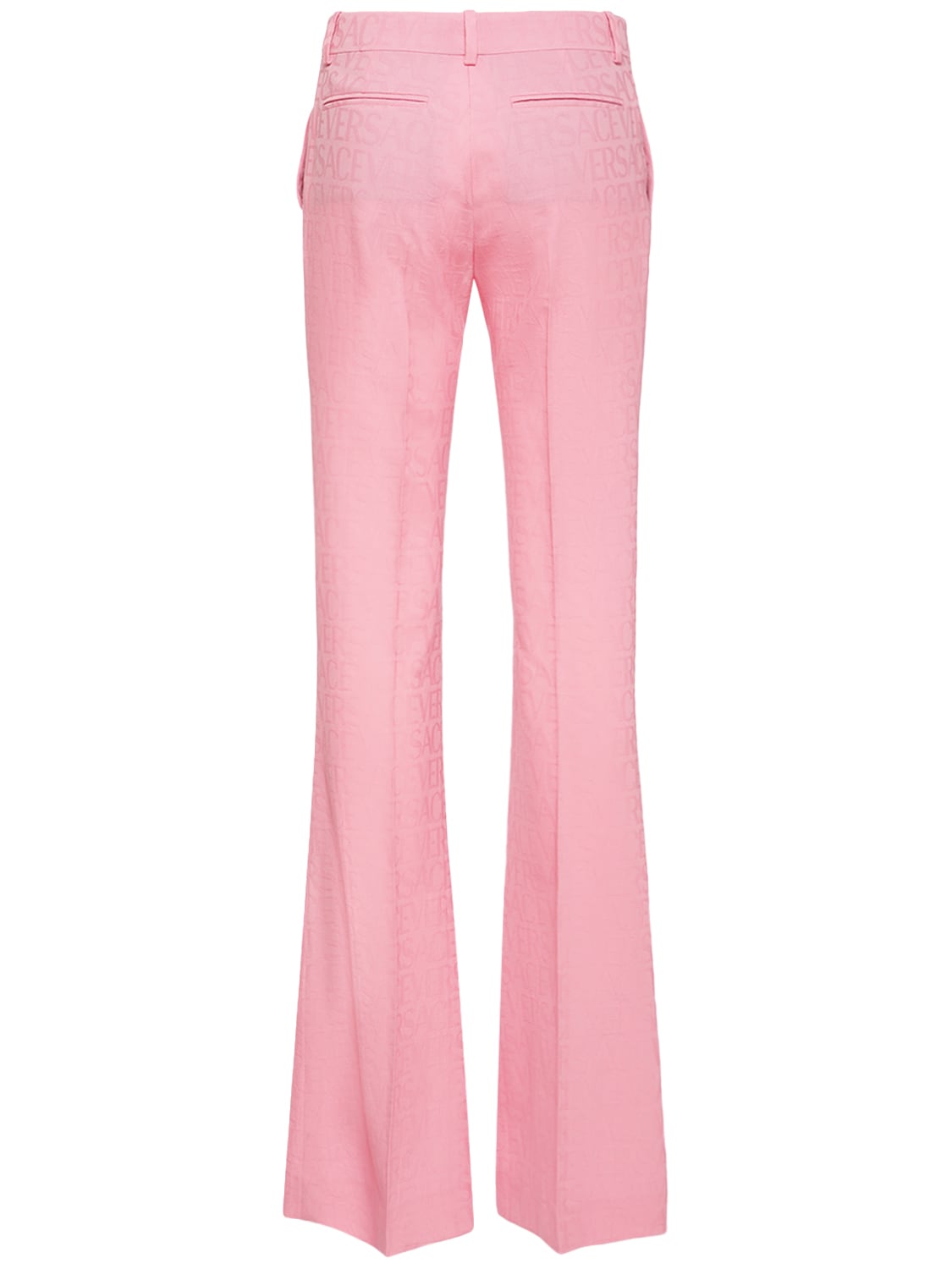 Shop Versace Logo Jacquard Wool Flared Pants In Pink