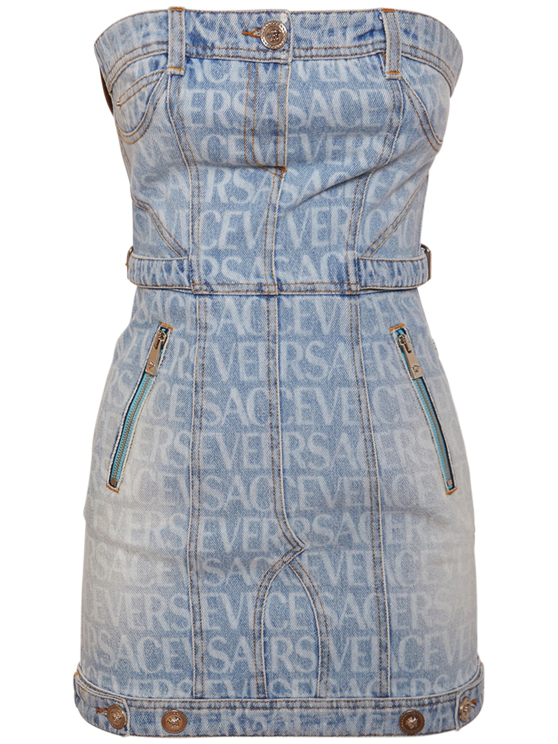 Shop Versace Logo Printed Denim Mini Dress In Light Blue