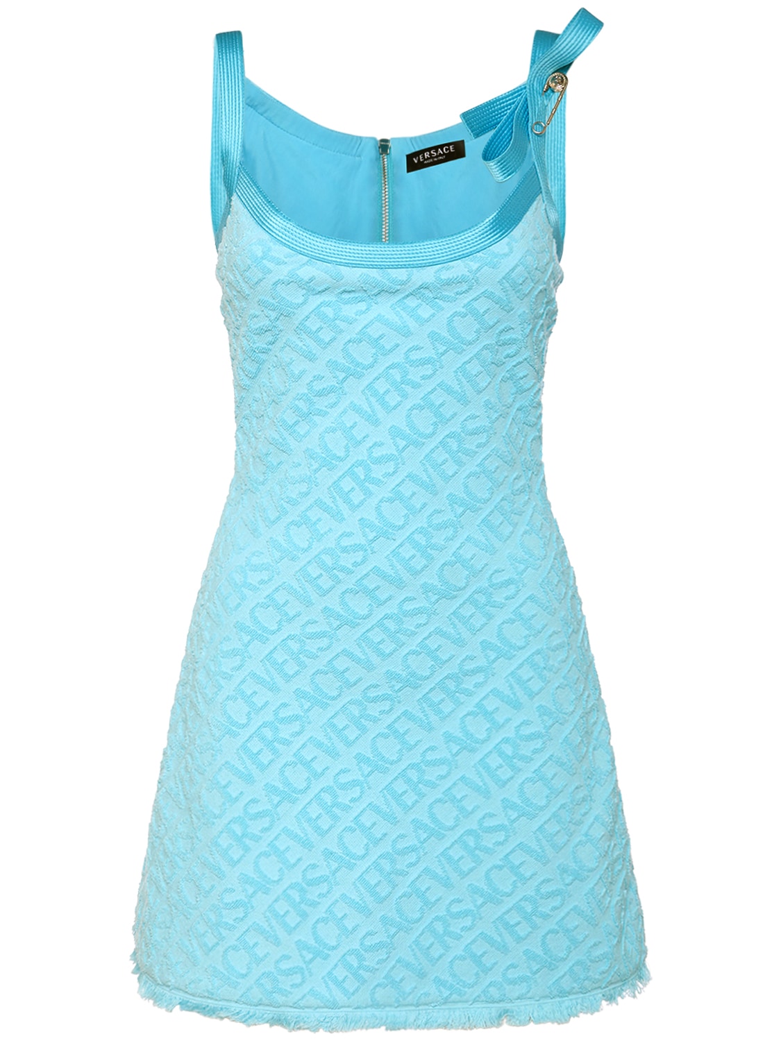 Shop Versace Dua Lipa Logo Jacquard Terry Mini Dress In Blue
