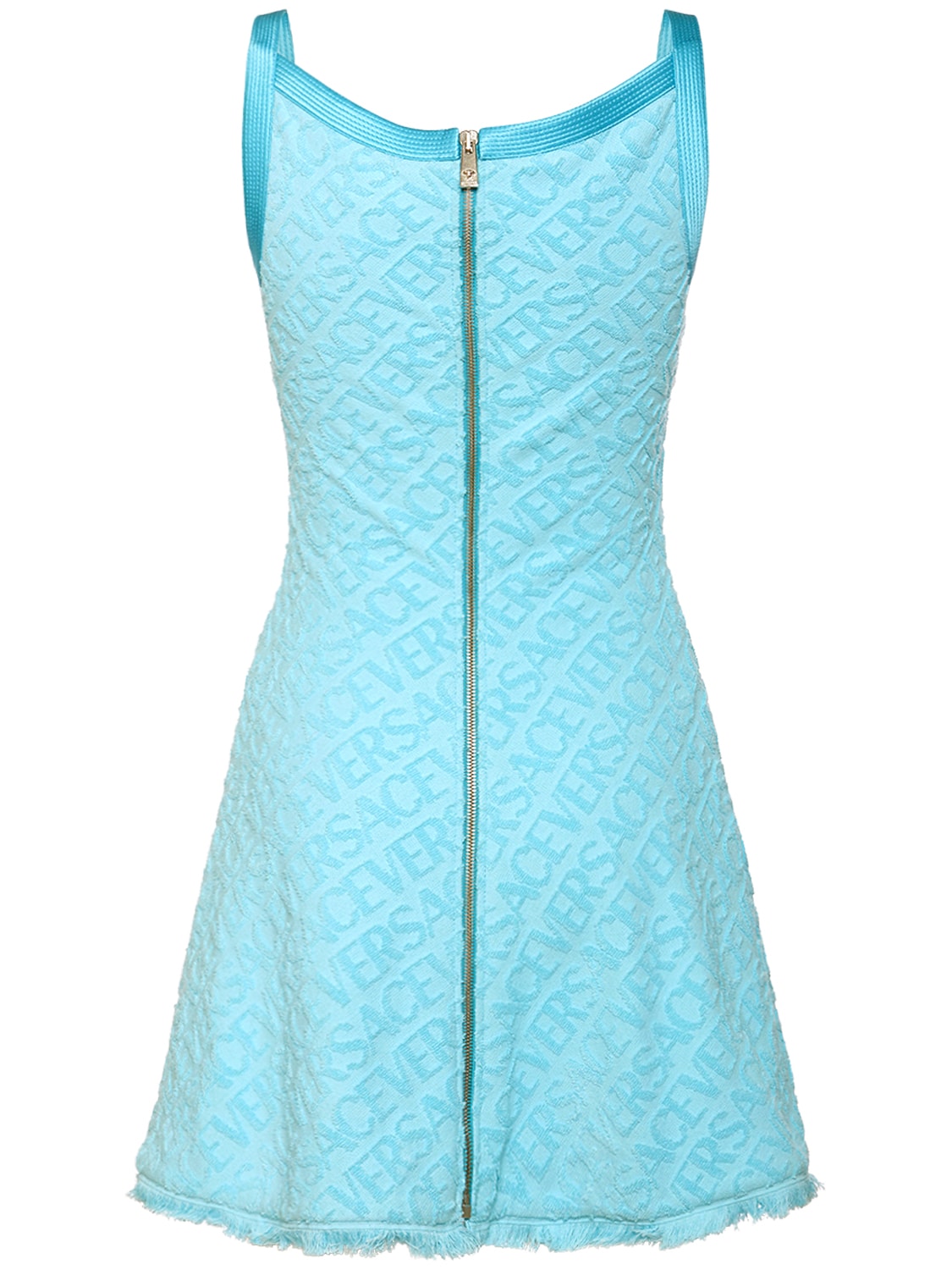 Shop Versace Dua Lipa Logo Jacquard Terry Mini Dress In Blue
