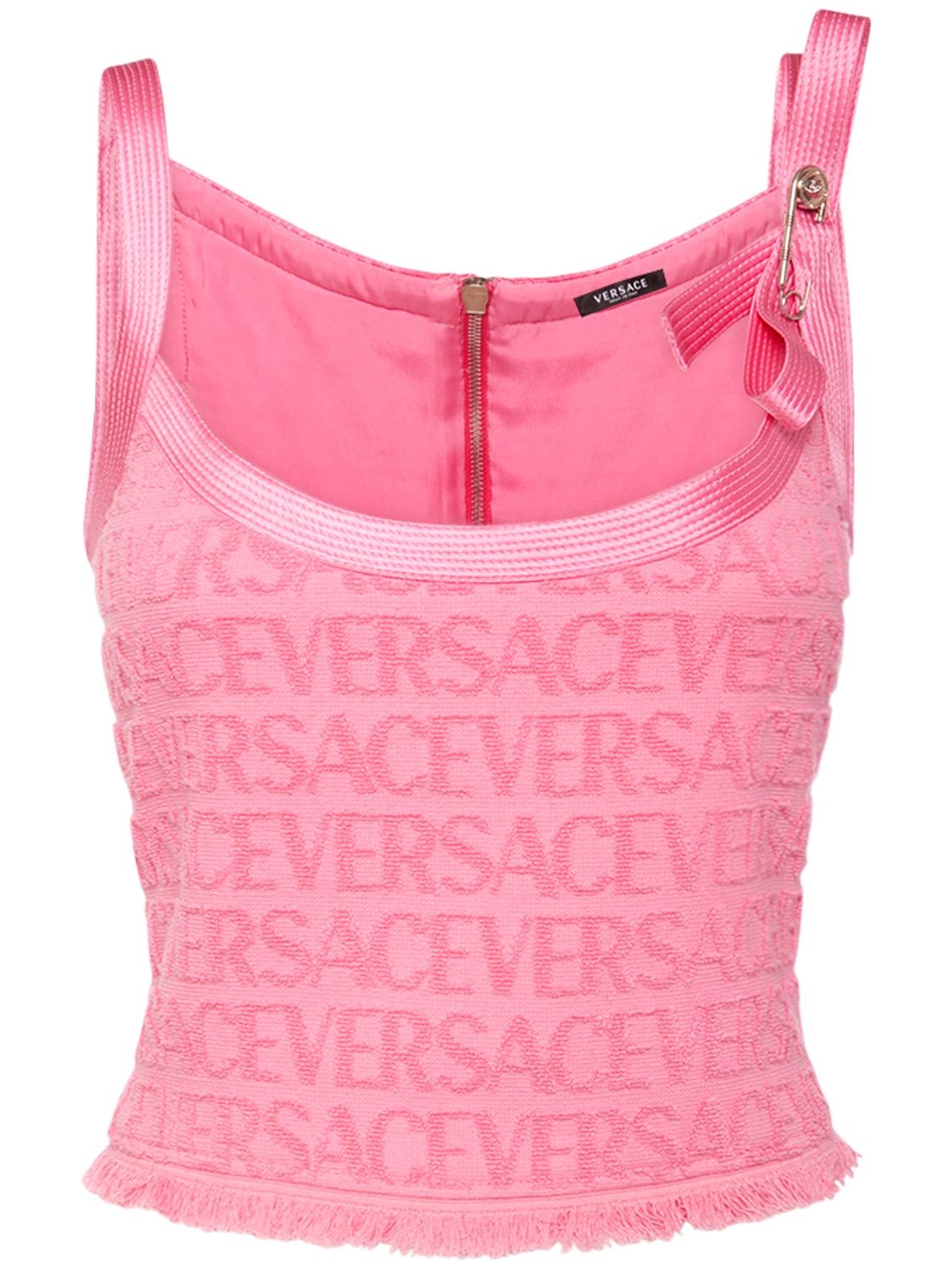 Shop Versace Dua Lipa Logo Jacquard Terry Crop Top In Pink