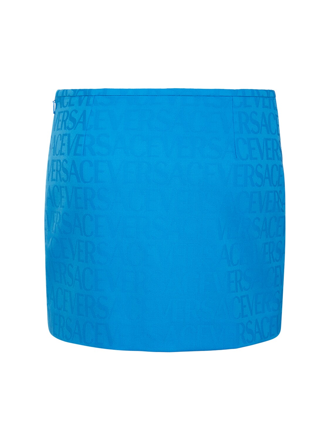 Shop Versace Logo Wool Jacquard Mini Skirt In Blue