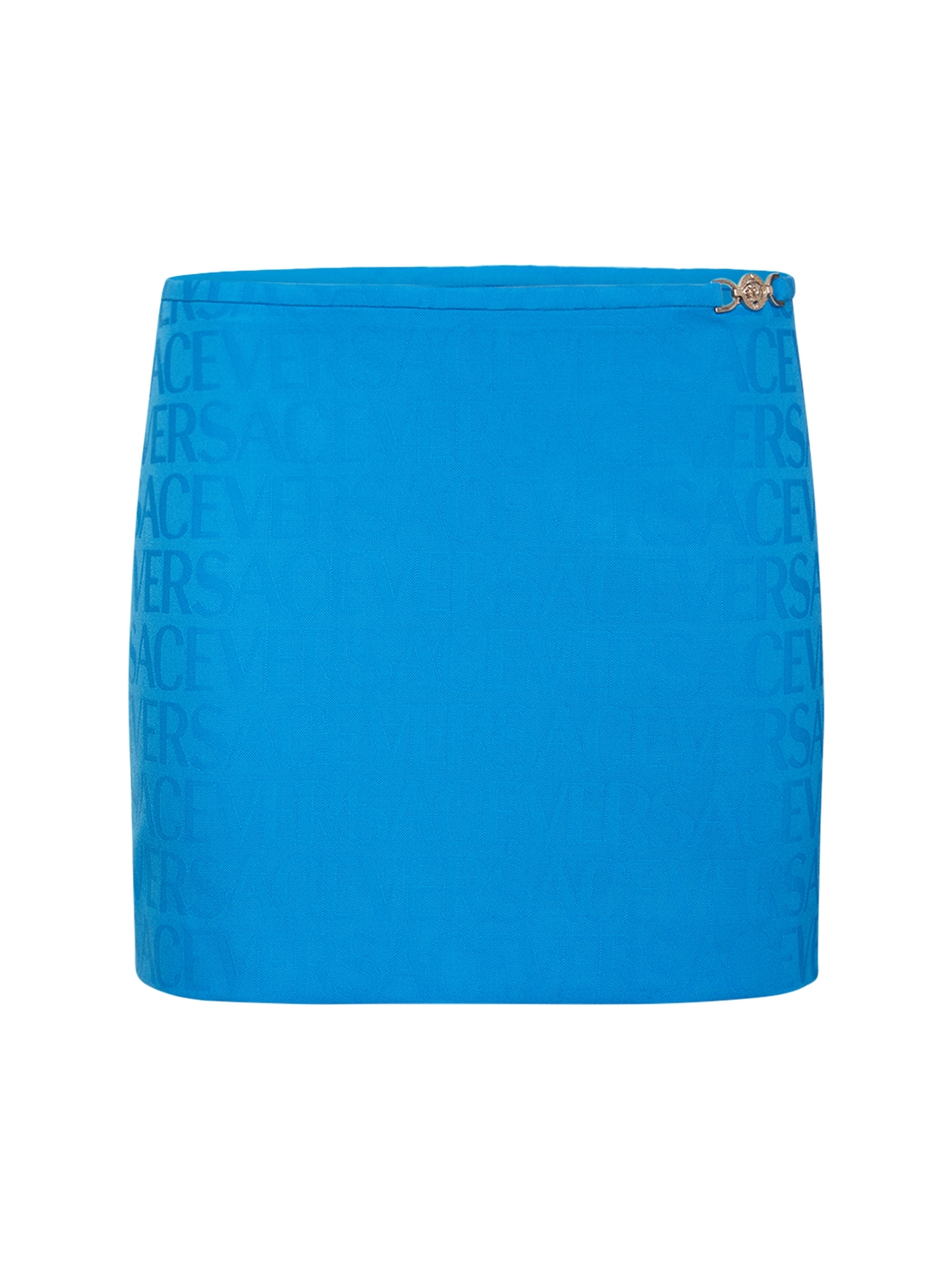 Versace Logo Wool Jacquard Mini Skirt In Blue