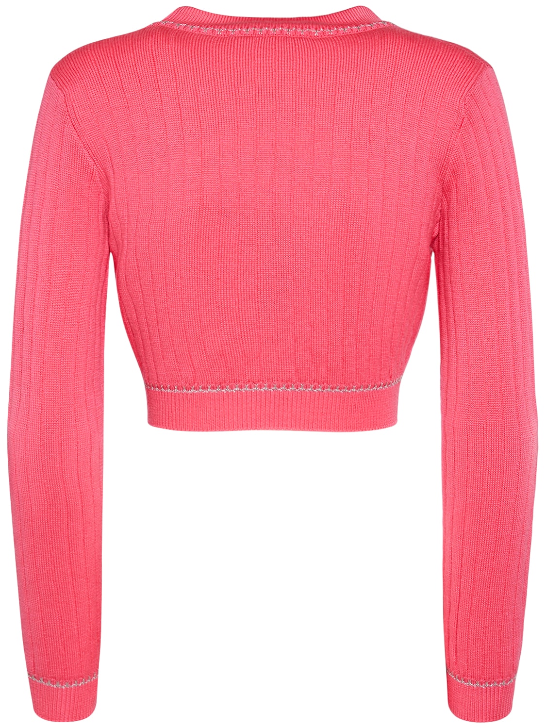 Shop Versace Rib Knit V-neck Cropped Wool Cardigan In Pink