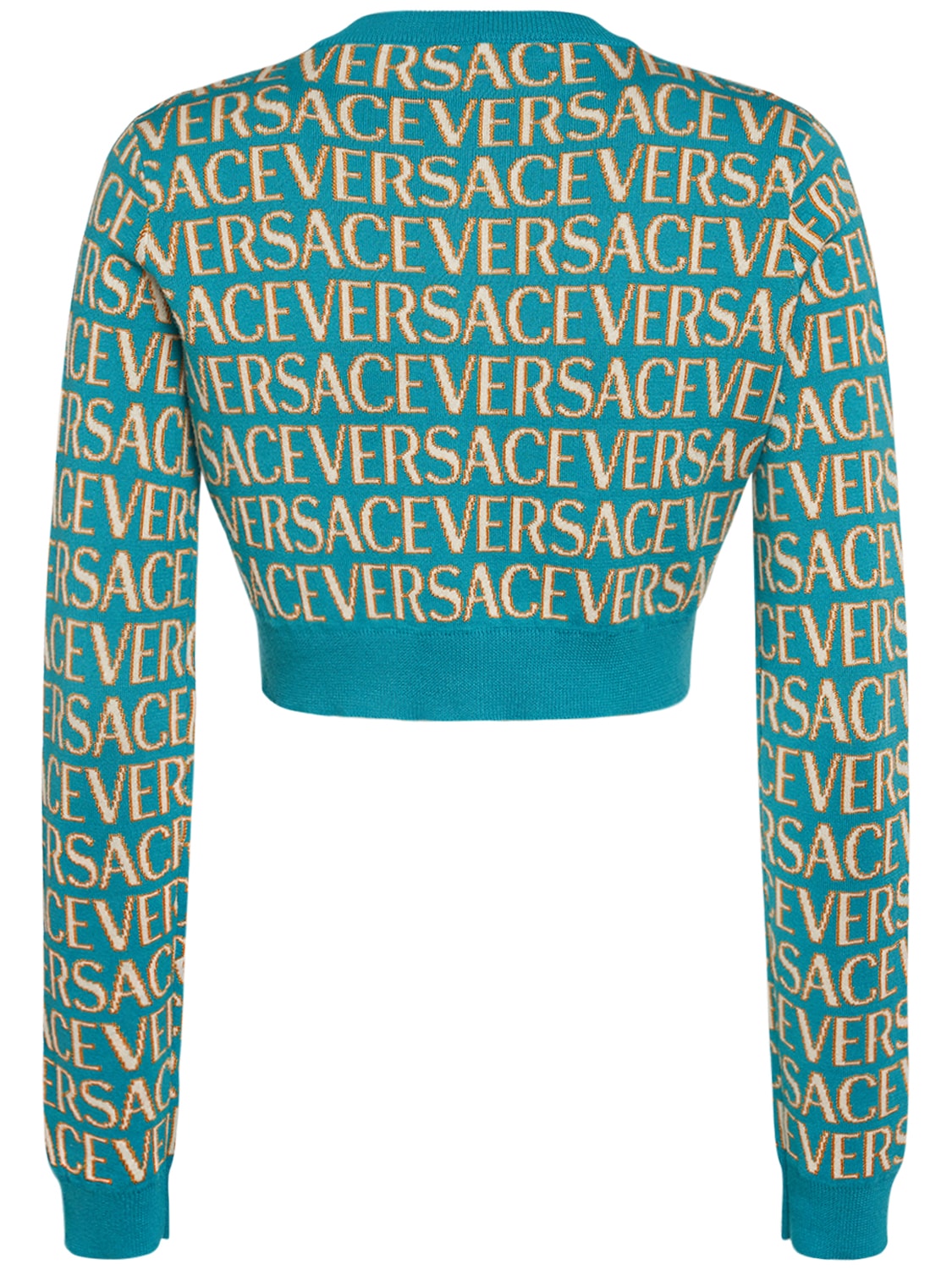 Shop Versace Logo Jacquard Knit Crop Cardigan In Multicolor