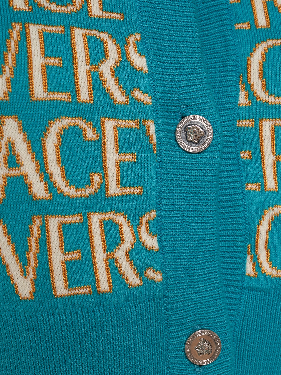 Shop Versace Logo Jacquard Knit Crop Cardigan In Multicolor
