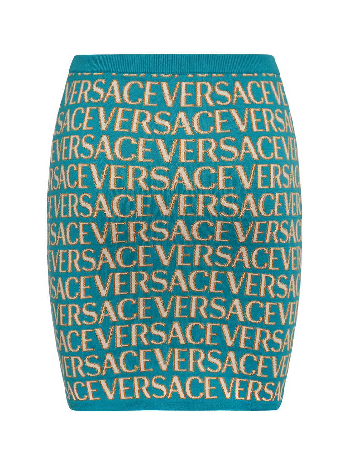 Shop Versace Logo Jacquard Knit High Waist Mini Skirt In Multicolor
