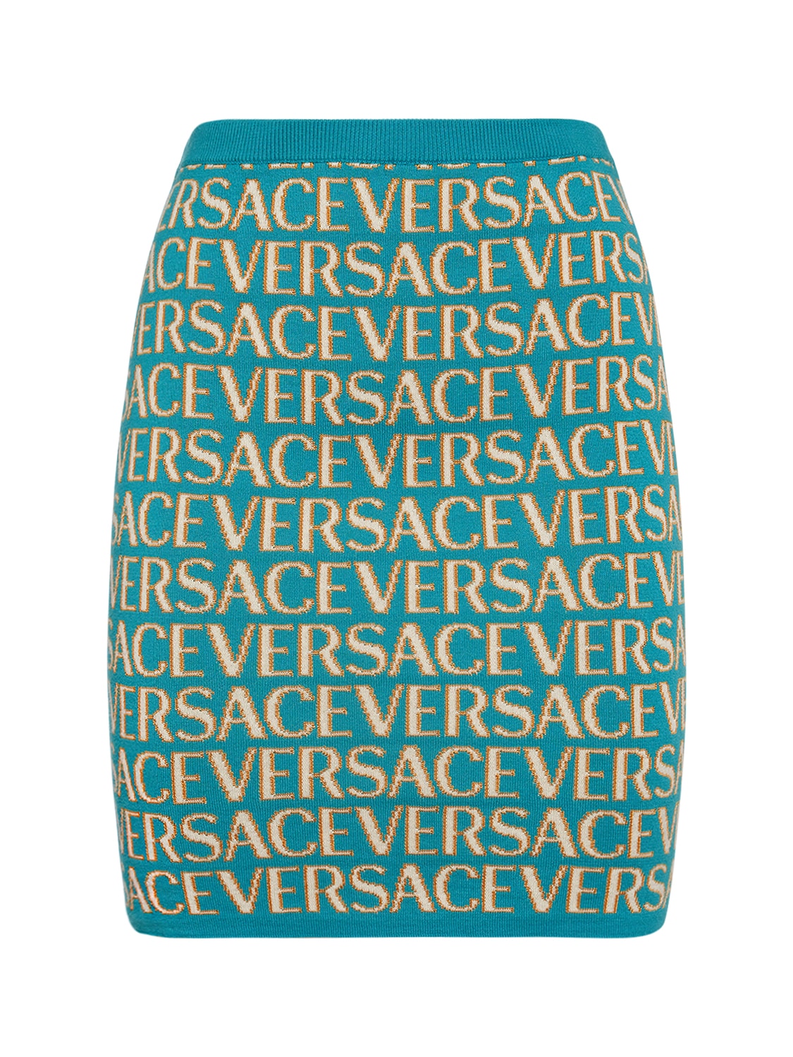 Shop Versace Logo Jacquard Knit High Waist Mini Skirt In Multicolor
