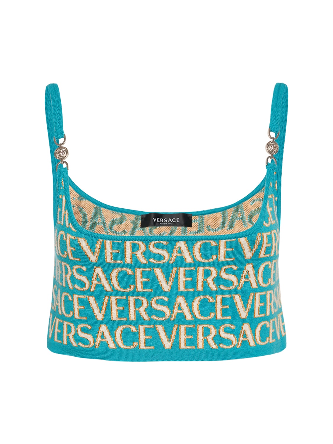 Shop Versace Logo Jacquard Knit Crop Top In Multicolor