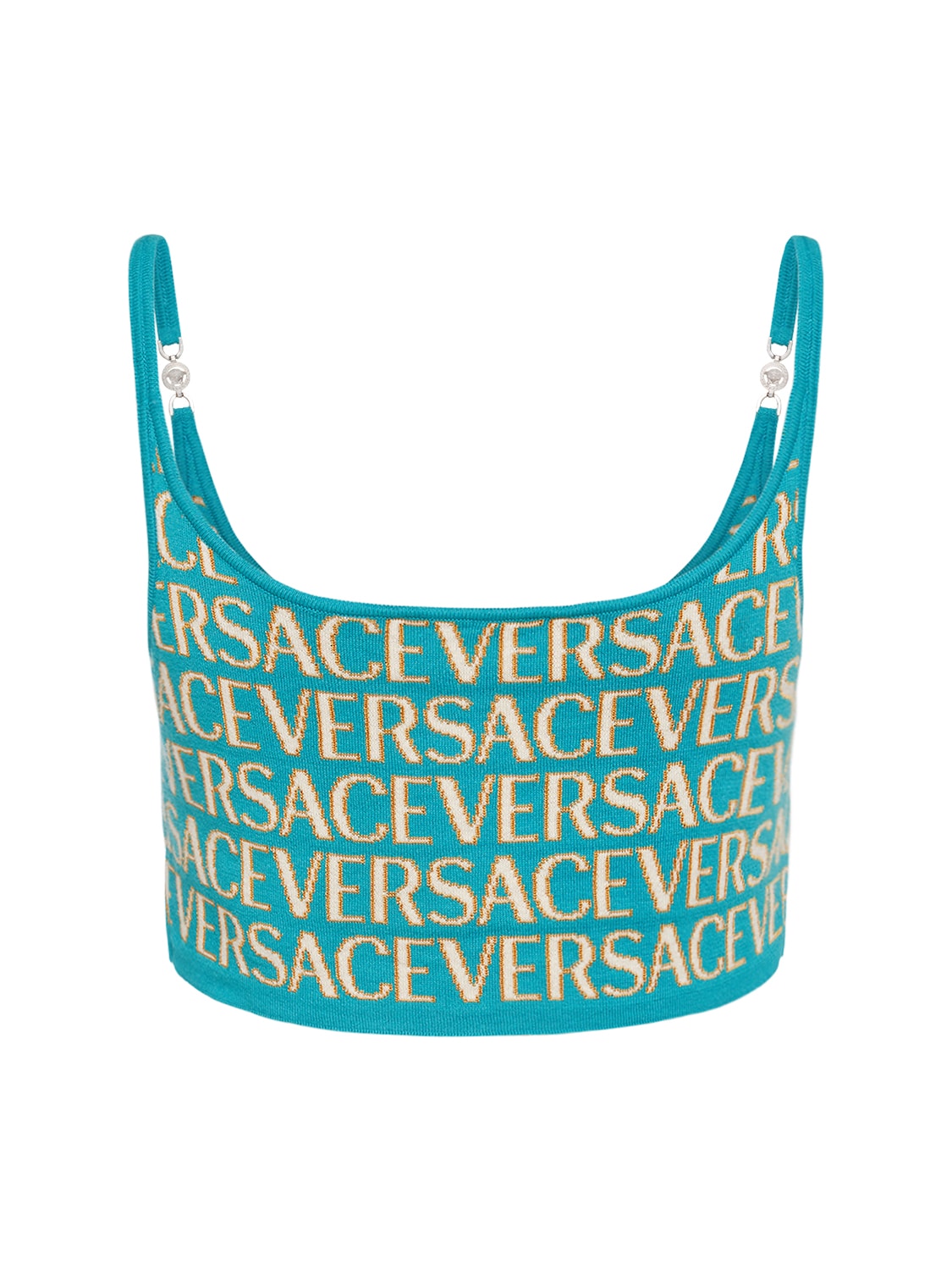 Shop Versace Logo Jacquard Knit Crop Top In Multicolor