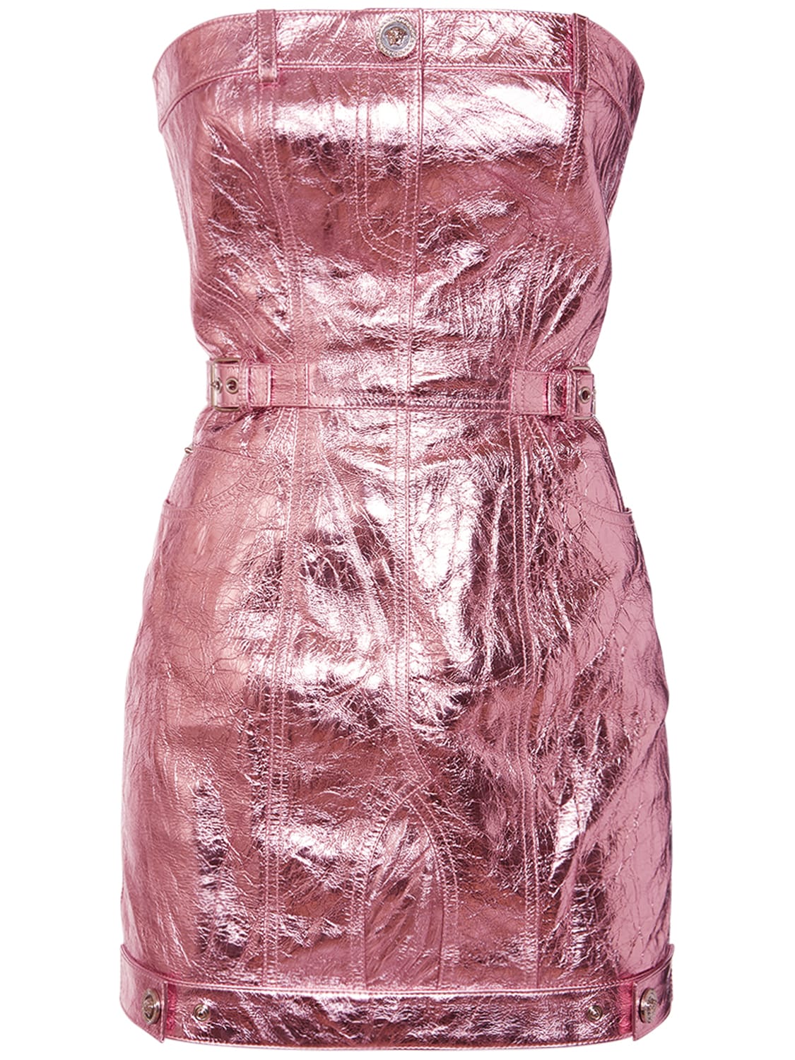 Versace Metallic Leather Mini Dress In Pink