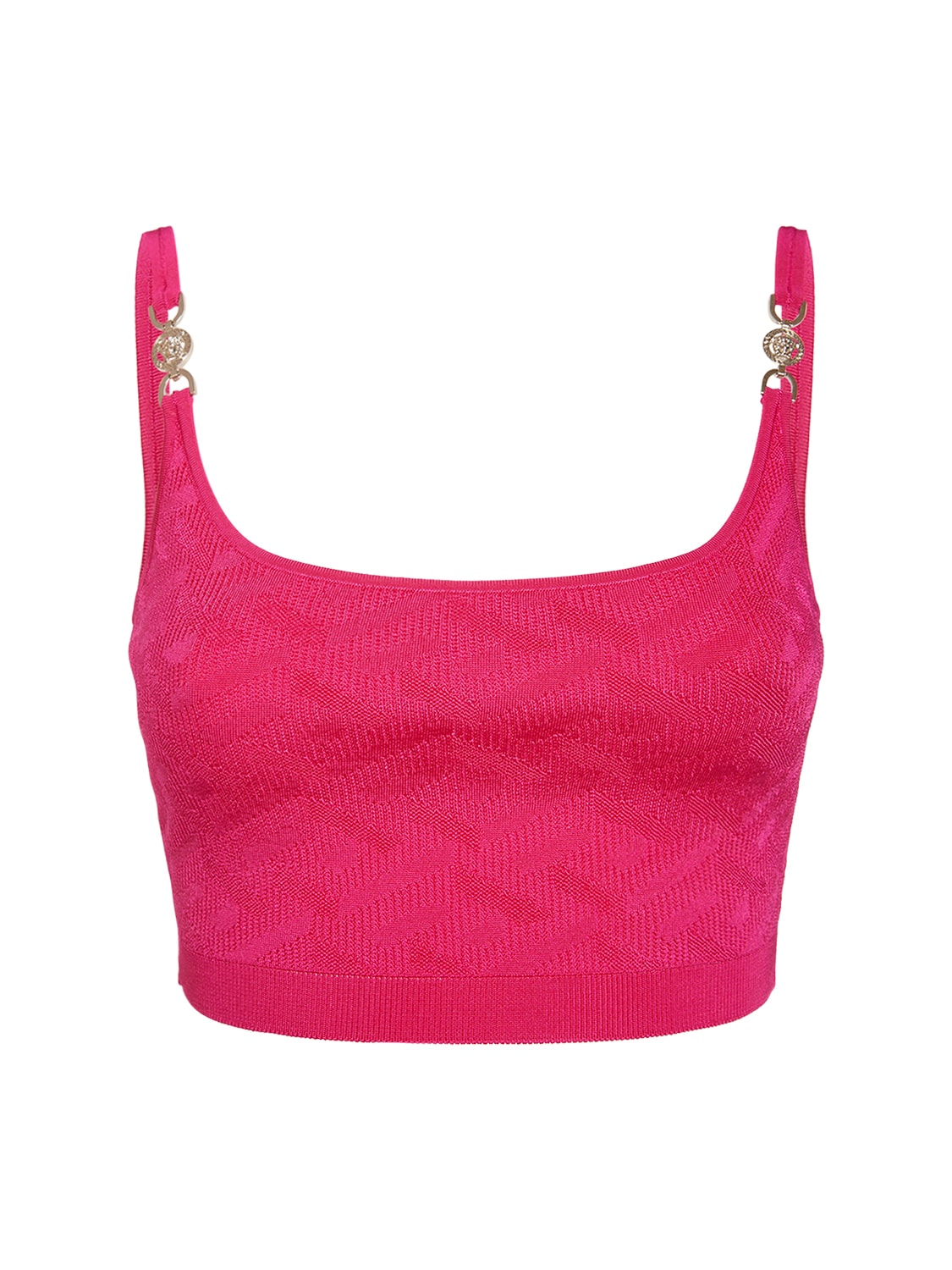 Versace Logo Jacquard Knit Viscose Crop Top In Pink