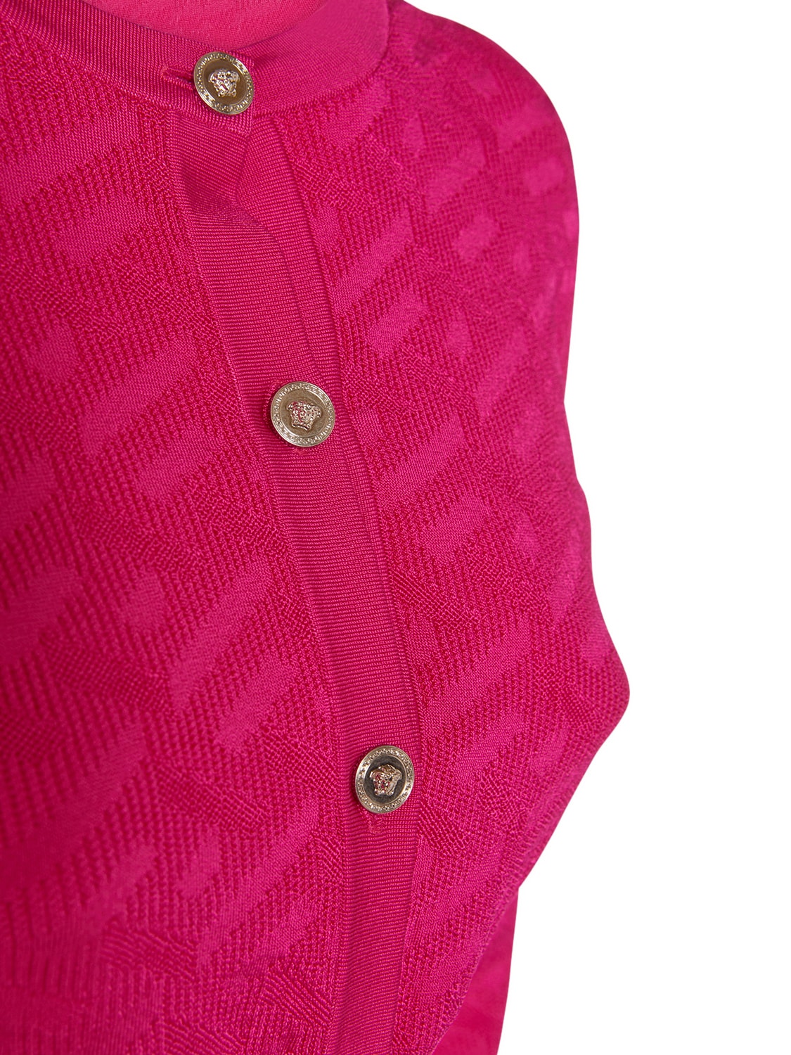 Shop Versace Logo Jacquard Knit Viscose Crop Cardigan In Fuchsia