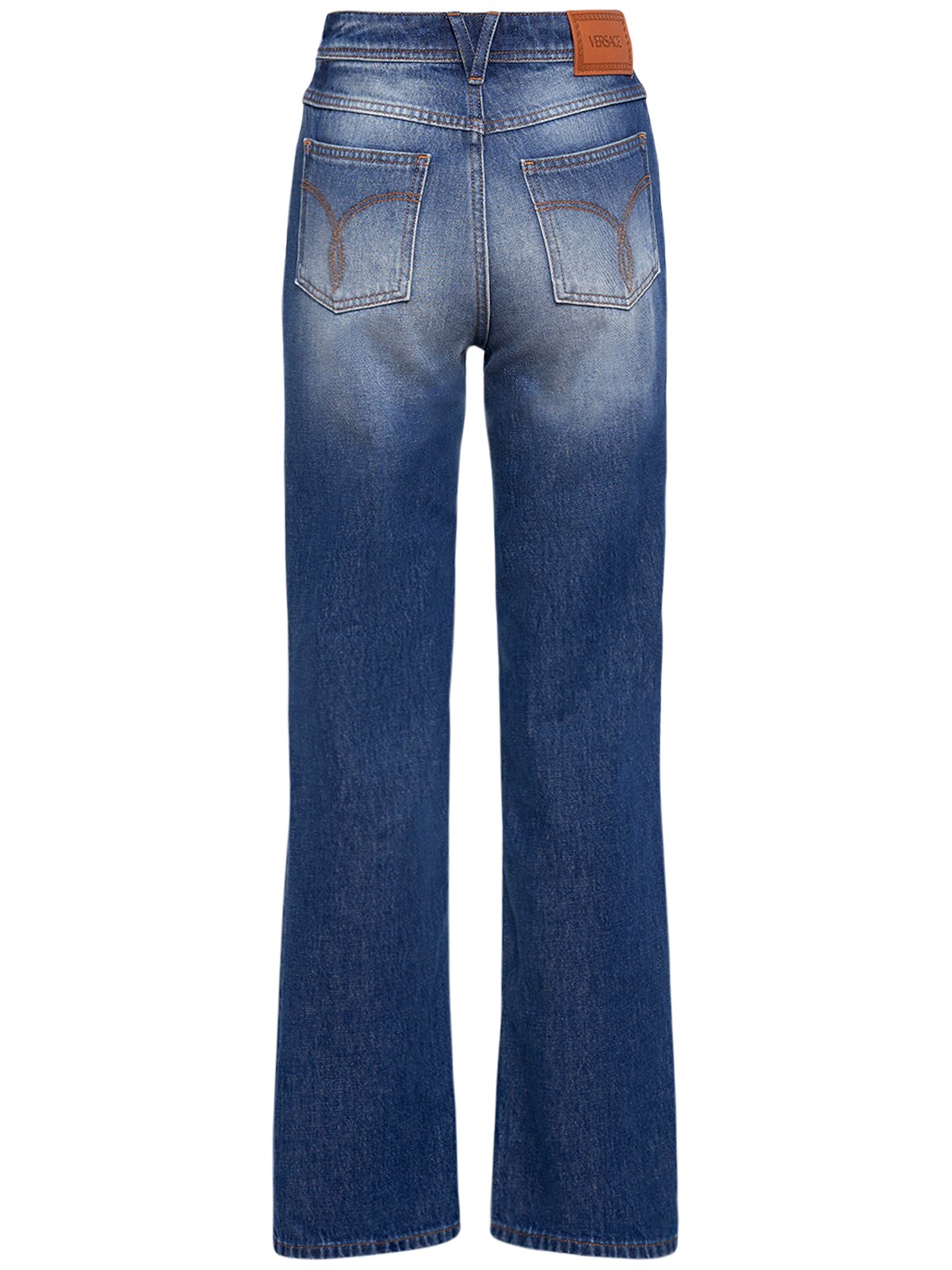 Shop Versace Cotton Denim Mid Rise Straight Jeans In Blue