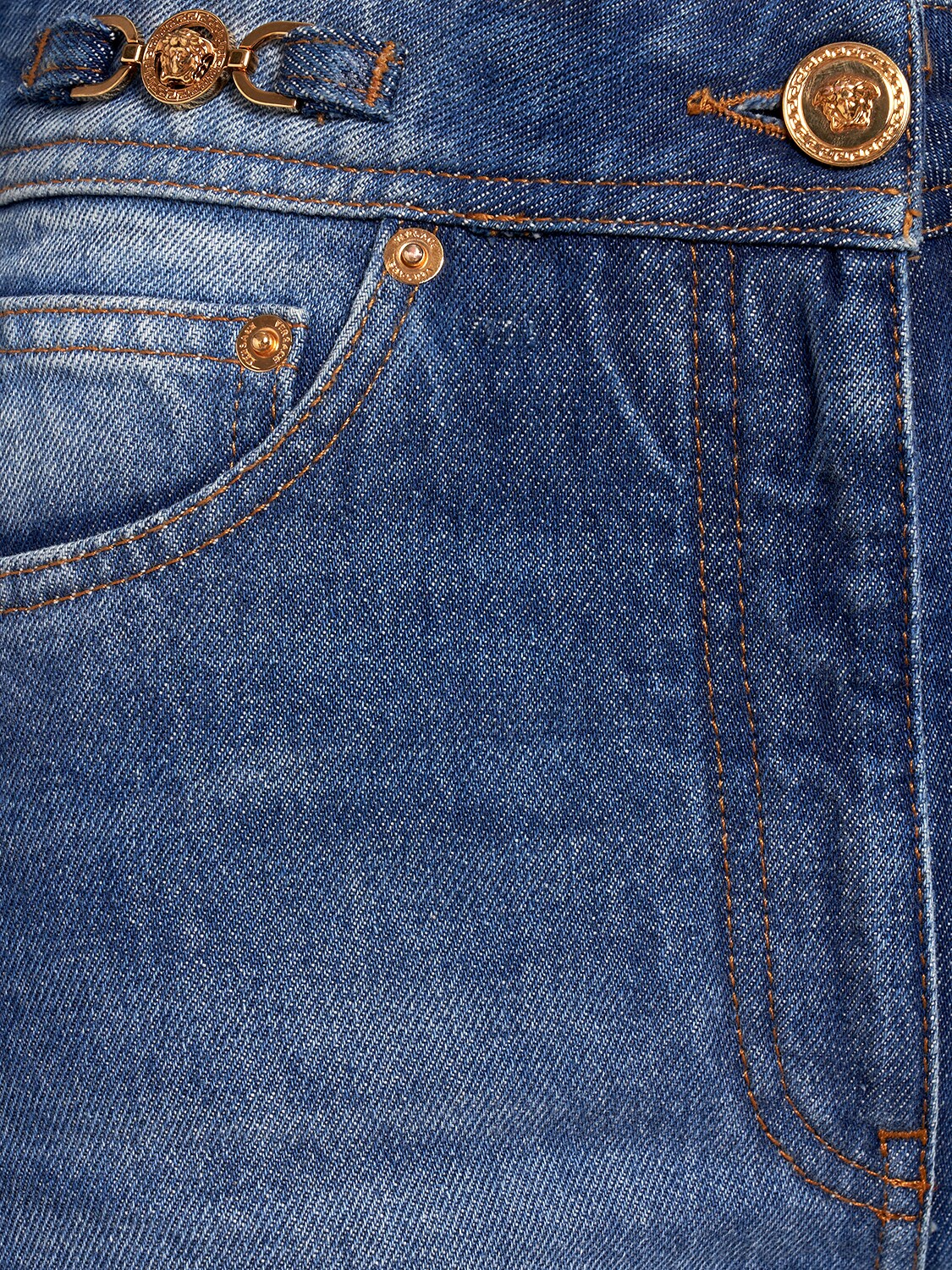 Shop Versace Cotton Denim Mid Rise Straight Jeans In Blue