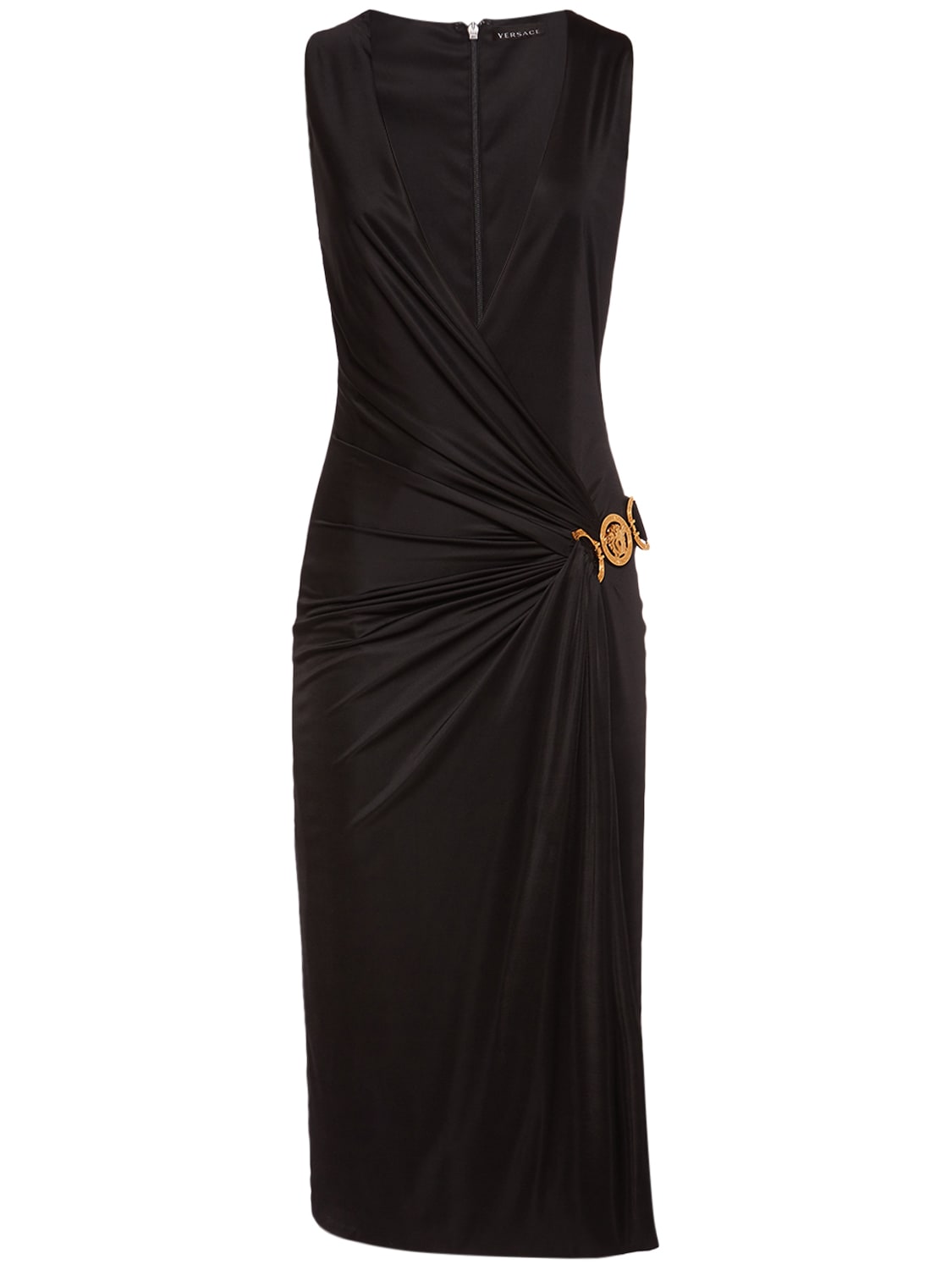 Versace Draped Viscose Jersey Midi Dress In Black
