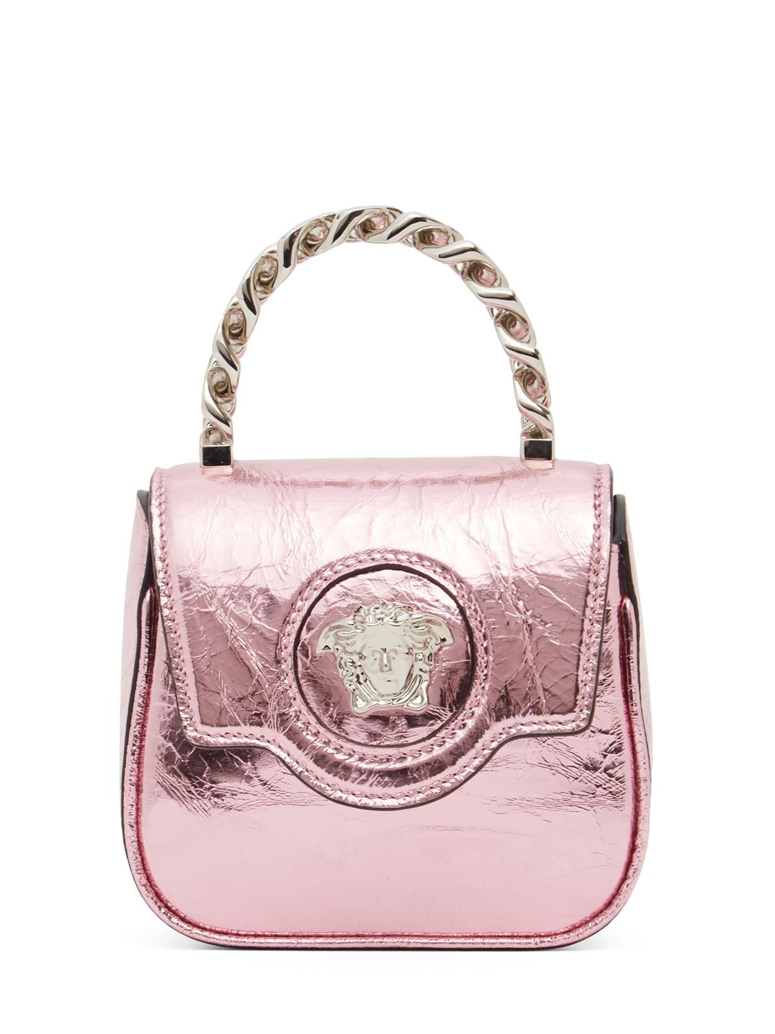 Versace Micro Medusa Leather Top Handle Bag In Baby Pink