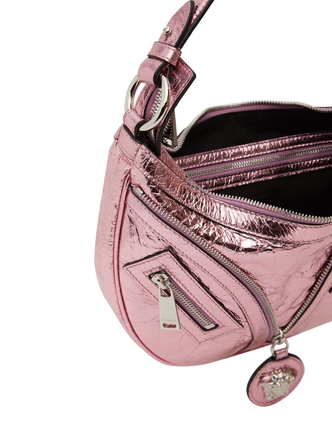 Shop Versace Small Repeat Metallic Leather Hobo Bag In Baby Pink