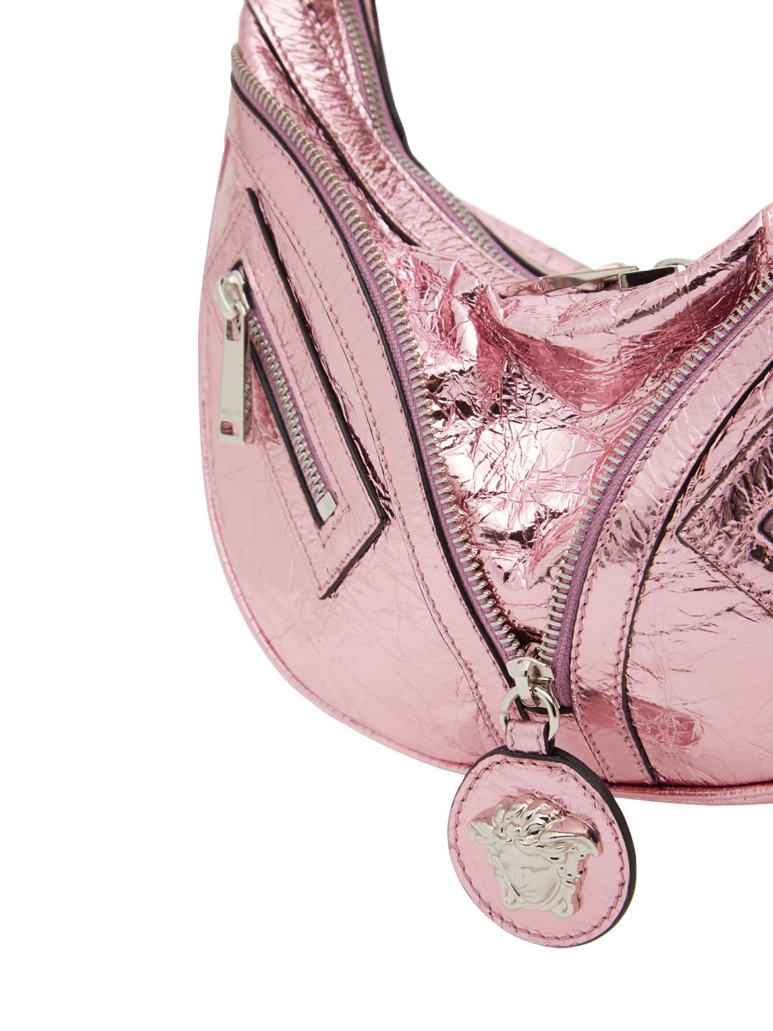 Shop Versace Small Repeat Metallic Leather Hobo Bag In Baby Pink