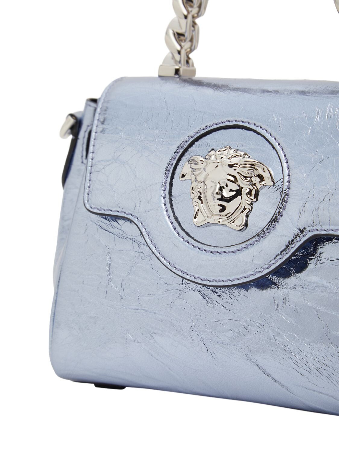 Shop Versace Small Medusa Leather Top Handle Bag In Lavender