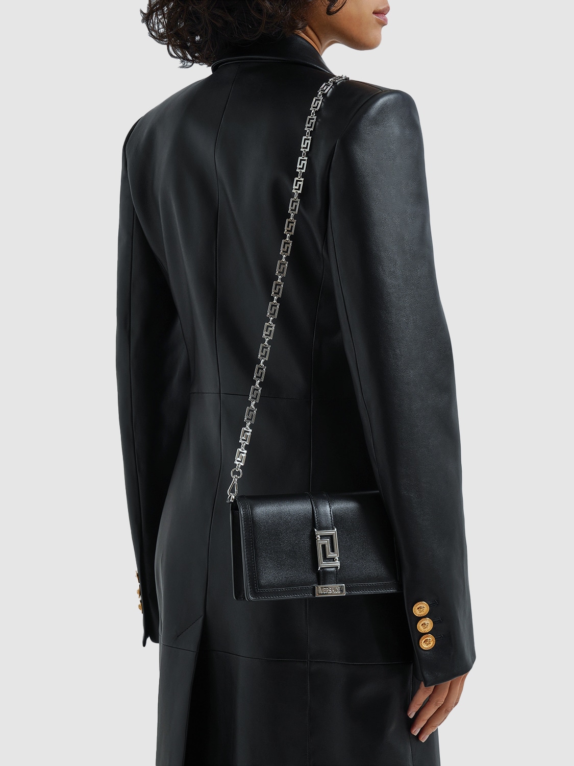 Shop Versace Greca Goddess Leather Chain Wallet In Black-pal