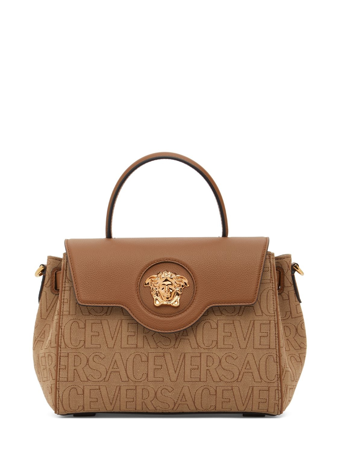 Versace Medusa Canvas Top Handle Bag In Beige,brown