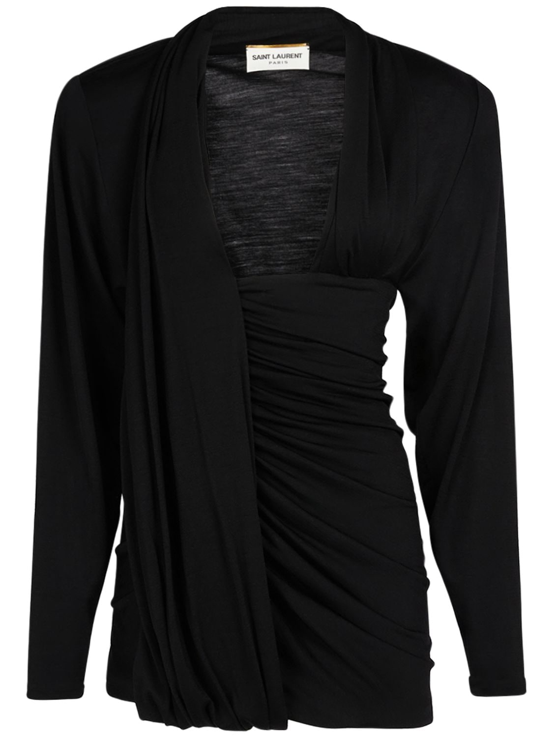 Saint Laurent Asymmetric Long Sleeve Wool Dress In Black