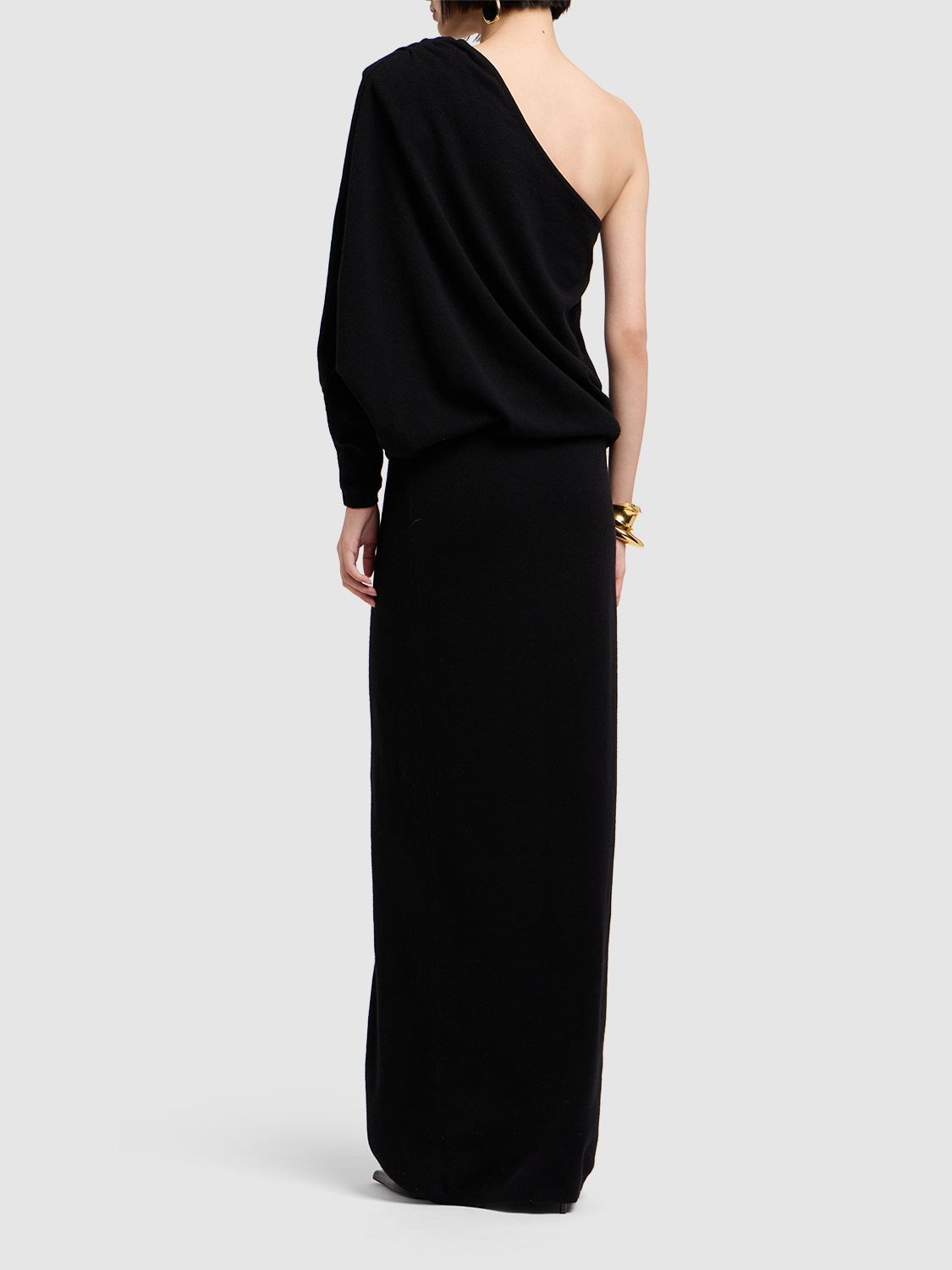 Shop Saint Laurent One Shoulder Cashmere Long Dress In Black