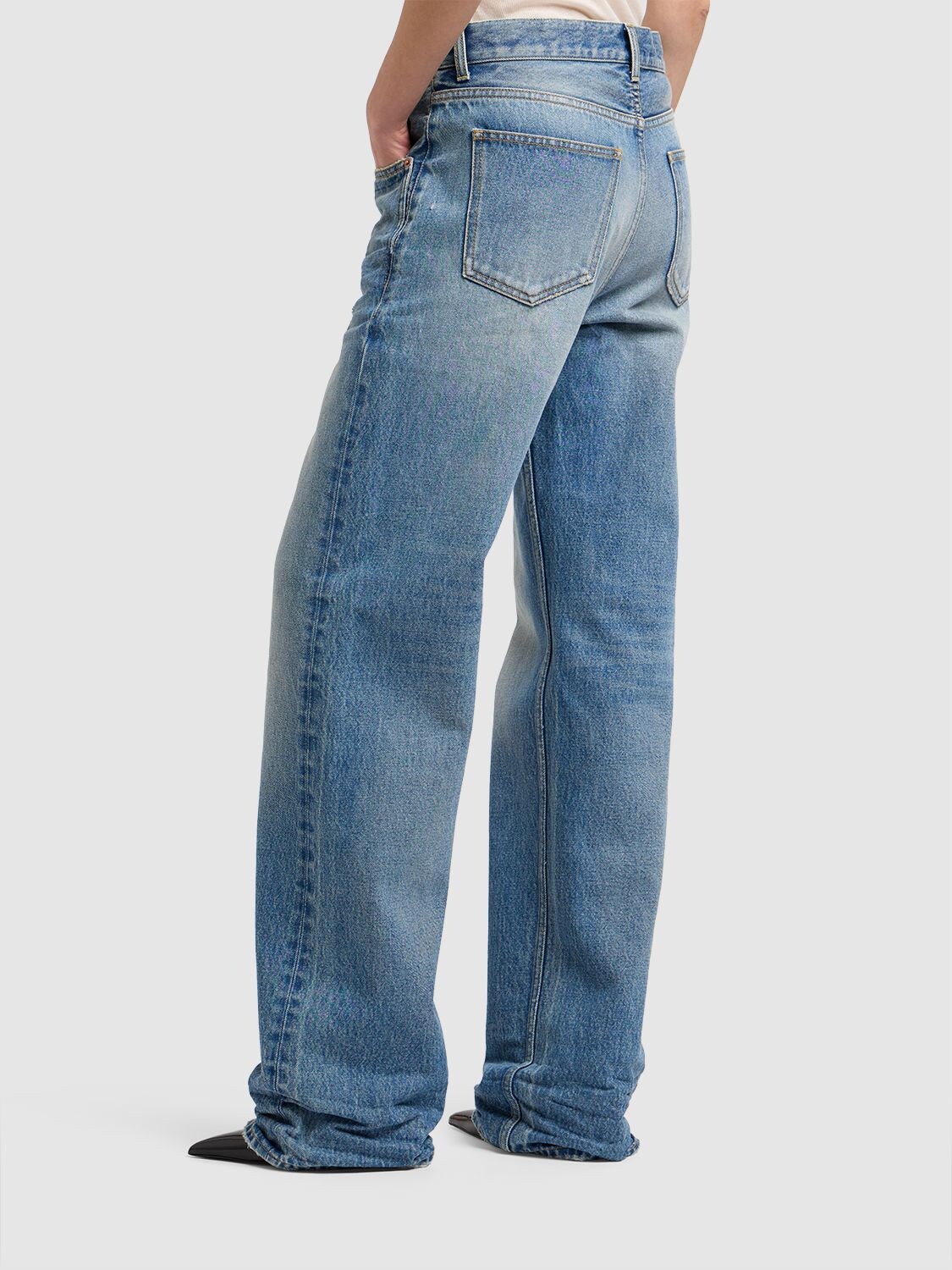 Shop Saint Laurent Baggy Cotton Denim Wide Jeans In Medium Blue