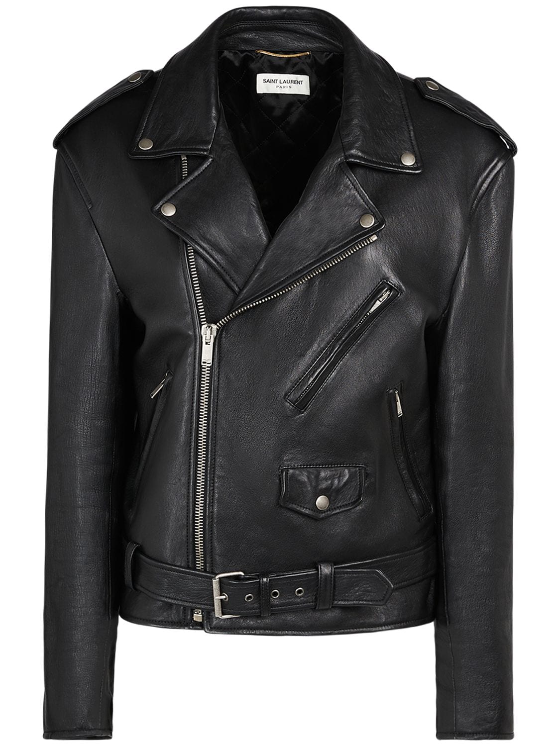 Saint Laurent Belted Leather Zip-up Jacket In Black