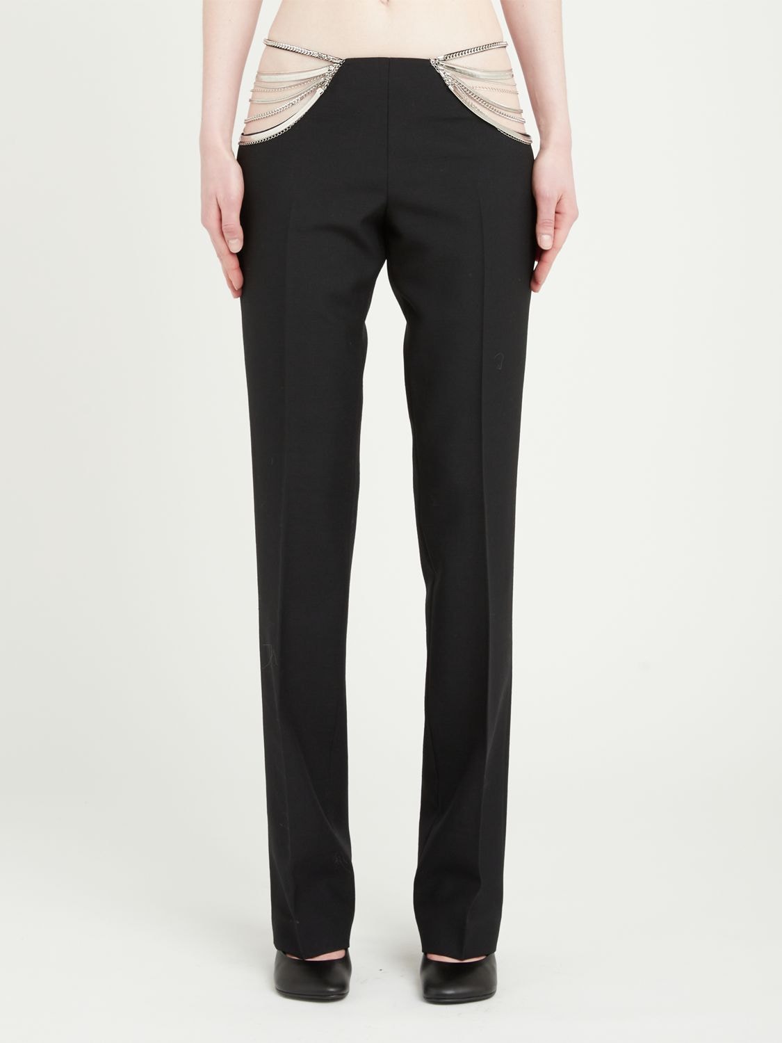 Stella Mccartney Straight Wool Trousers W/ Chain Details In Black